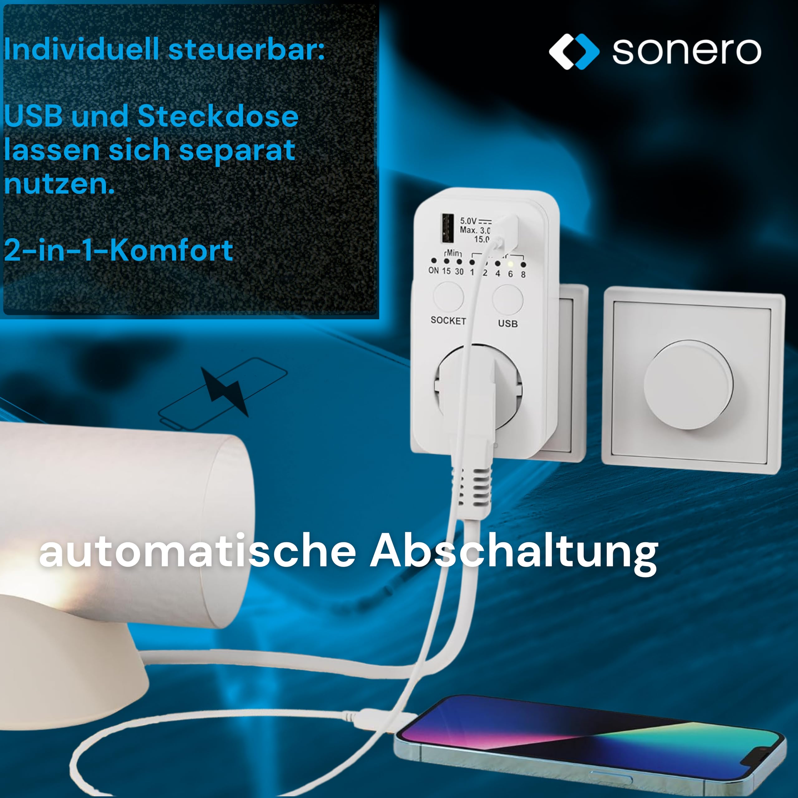 Sonero Timer Steckdose, Countdown Schaltsteckdose, Schaltuhr 230V, Timersteckdose mit USB und USB C Anschluss, Zeitschaltsteckdose programmierbar, Zeitschalter weiß