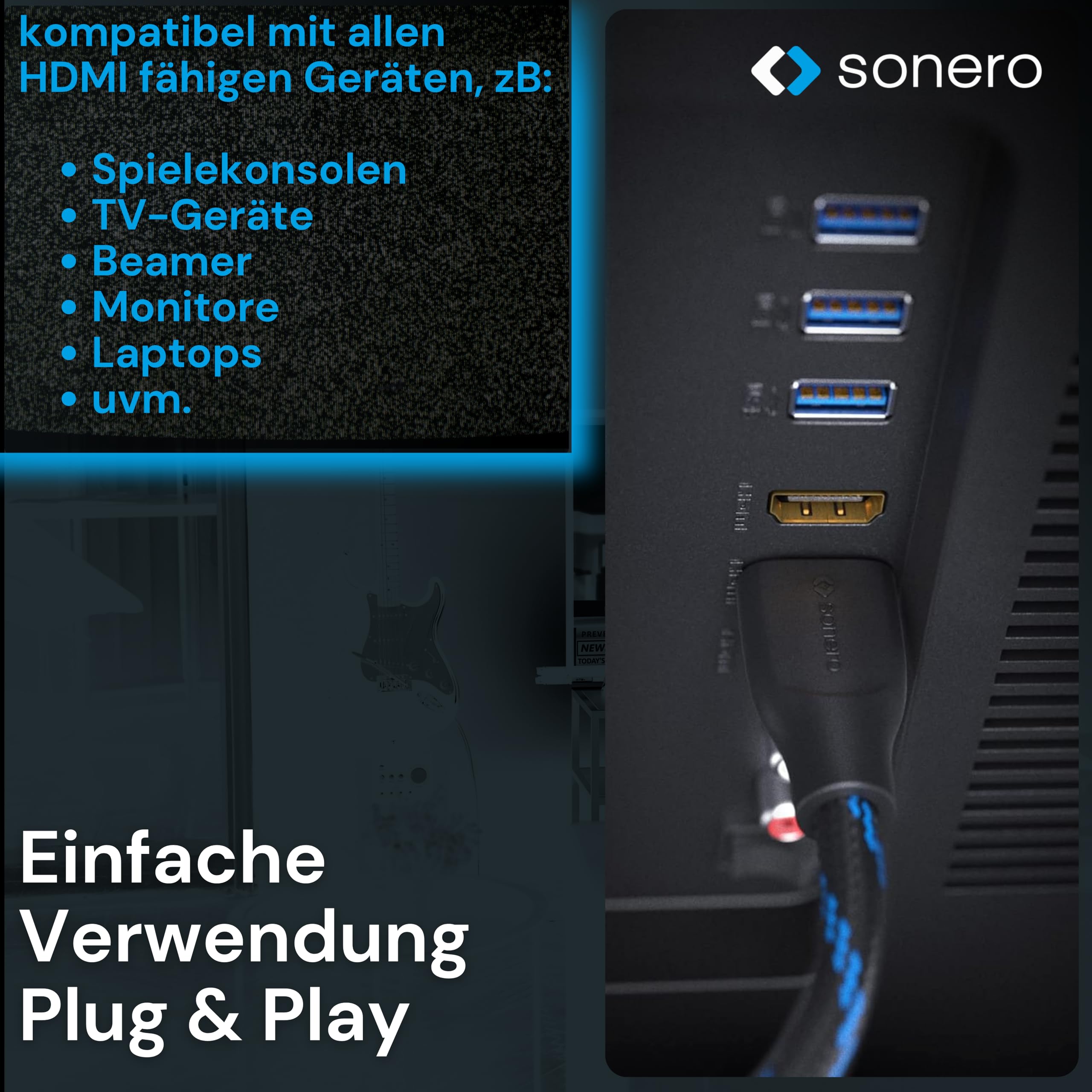Sonero® 4K HDMI Portsaver Adapter, Premium High Speed, HDMI A Stecker auf HDMI A Buchse, vergoldete Kontakte, zweifache Abschirmung, Baumwollmantel, 0,15m
