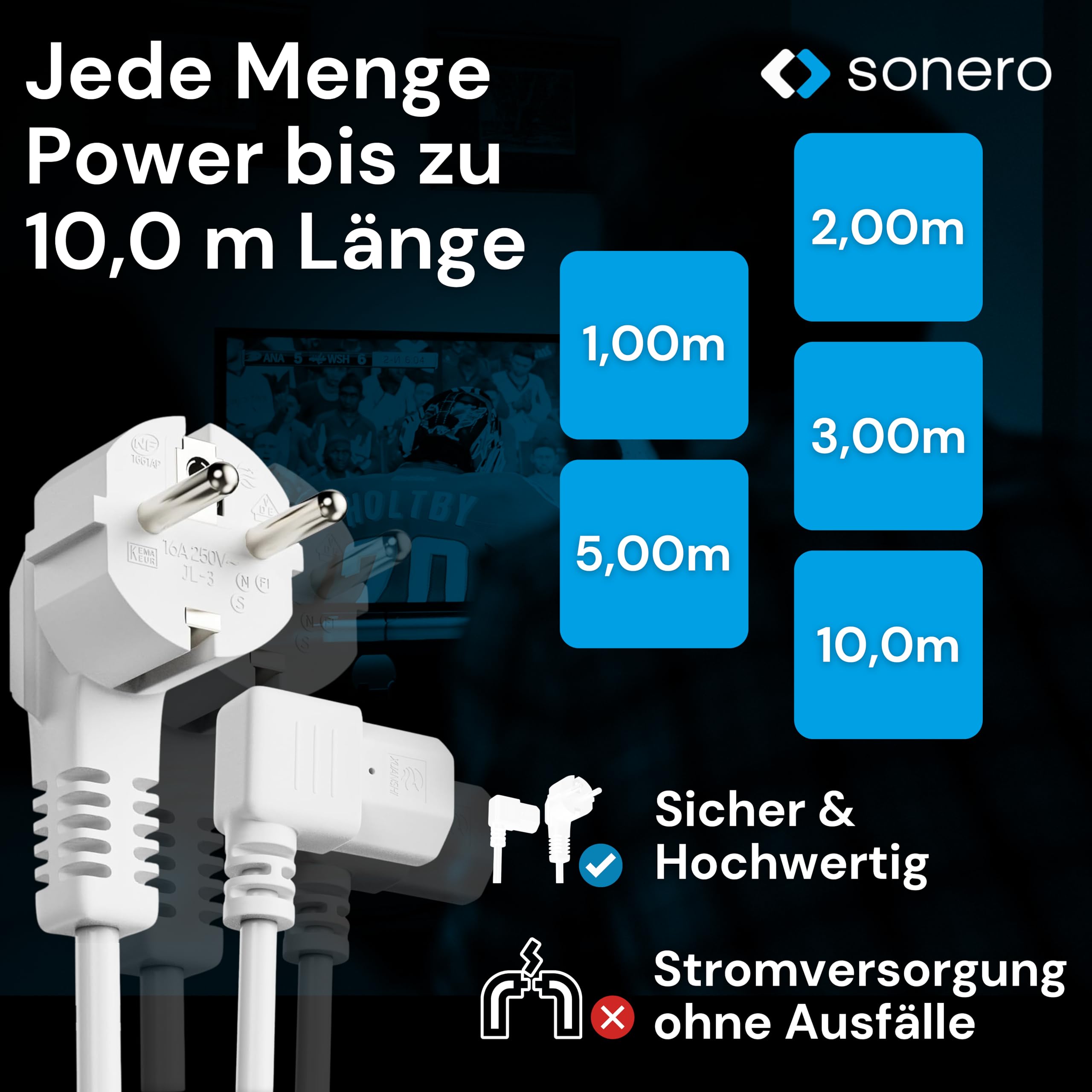 sonero Stromkabel Kaltgerätekabel 3 Polig, 10,0m, Schutzkontakt Stecker Netzstecker auf Kaltgerätekupplung C13 Buchse, 90° Winkel Netzkabel Netzteil Strom Kabel für Monitor PC Drucker, Weiß