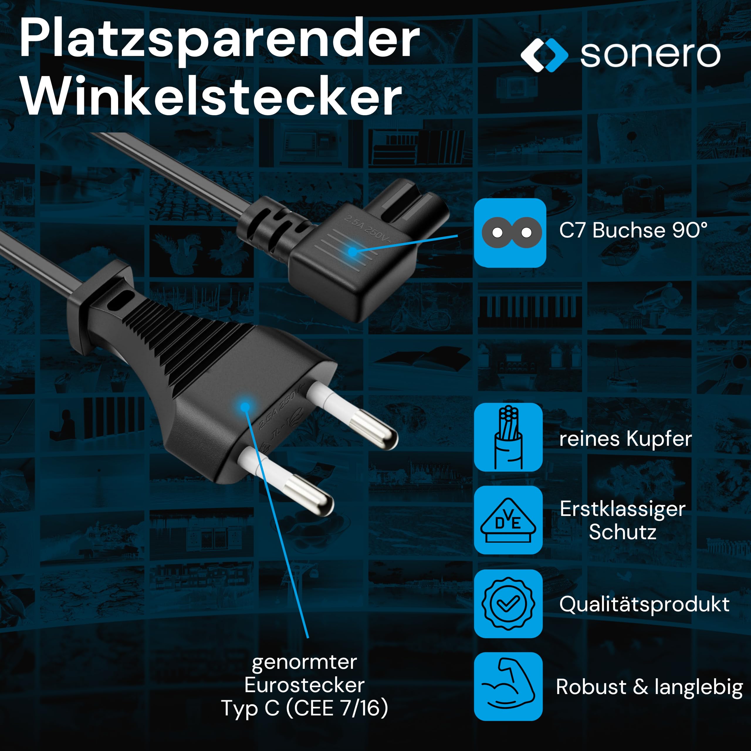 sonero Stromkabel Netzkabel 2 Polig, 1.00m, Eurostecker Typ C Netzstecker auf IEC Buchse C7 Euro 8 Stecker, 90° Winkel Netzteil Strom Kabel für TV, PS5, PS4, PS3, Haushaltsgeräte, schwarz