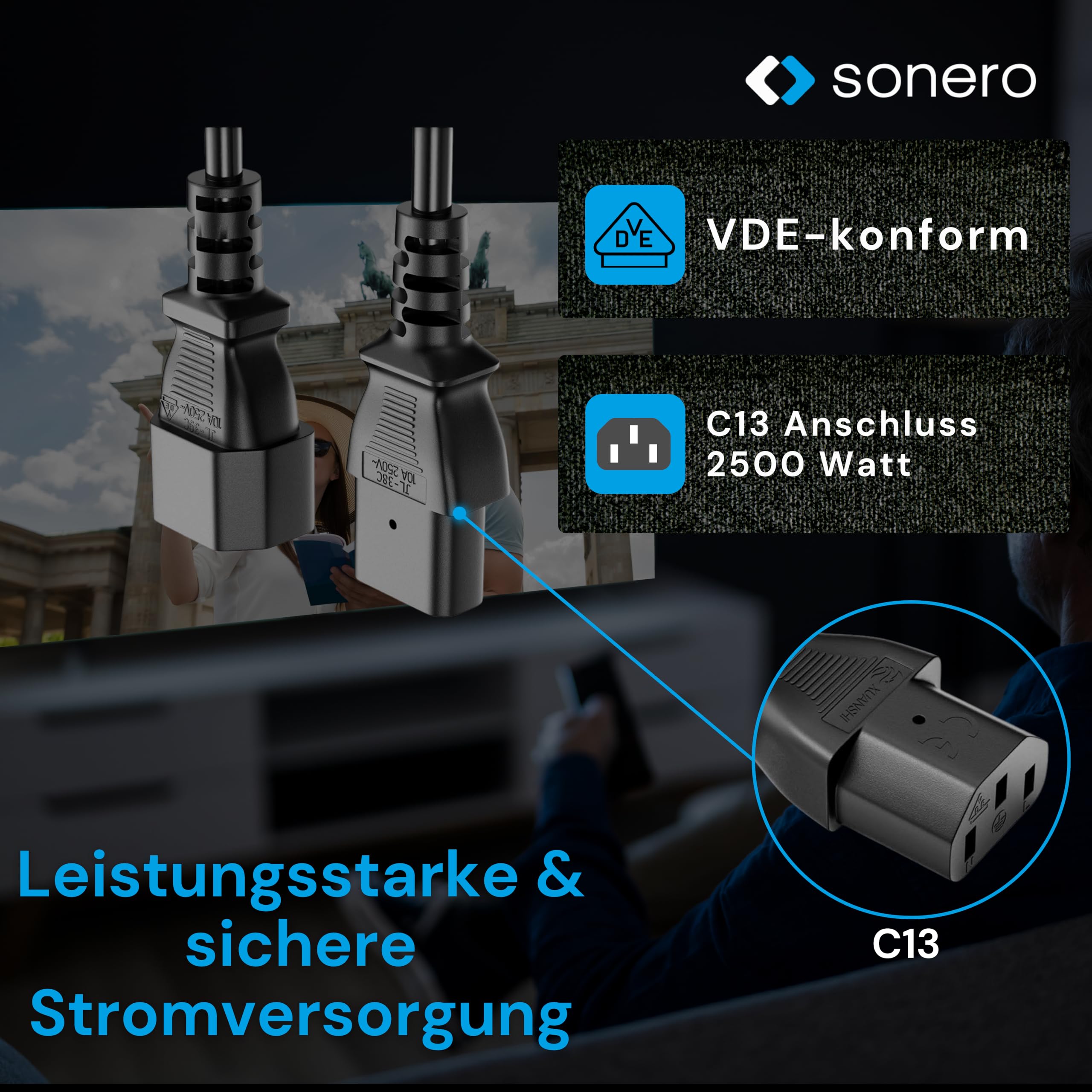 sonero Kaltgerätekabel Kaltgeräte Verlängerung 3 Polig, 3,0m, Kaltgeräte Stecker Netzstecker C14 auf Kaltgerätekupplung C13 Buchse, Verlängerungskabel Netzkabel für Monitor PC Drucker, Schwarz
