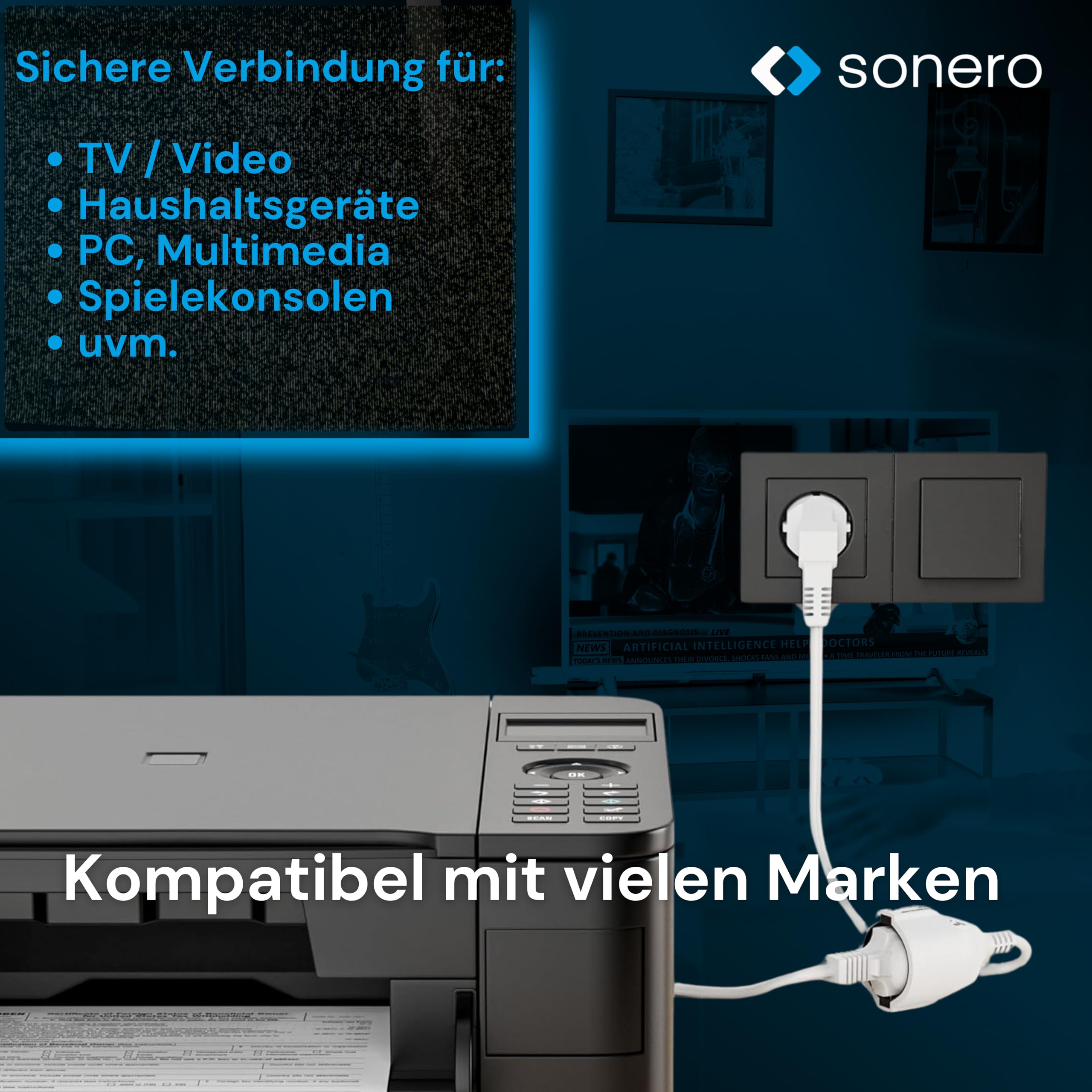 sonero Verlängerungskabel Stromkabel Verlängerung, 5,0m, Schutzkontakt Stecker auf Buchse, Strom Kabelverlängerung, Netzkabel, Steckdosenverlängerung Weiß