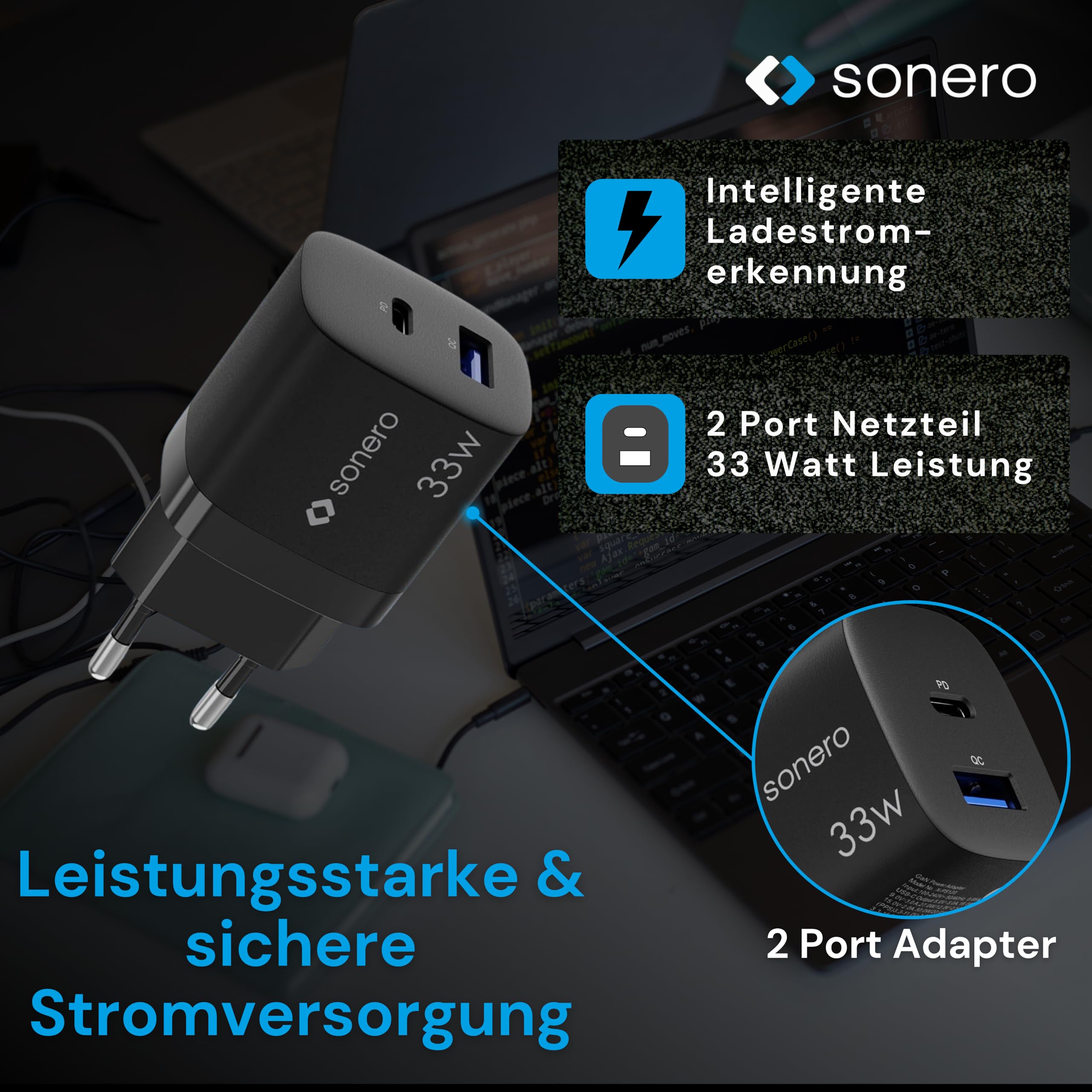 sonero USB C Ladegerät, 2 Port Adapter, Netzteil 33 Watt Schnellladegerät kompatibel mit Apple iPhone 15, Samsung, Tablet, Laptop uvm, Mehrfach GaN QC PD Charger, Schwarz