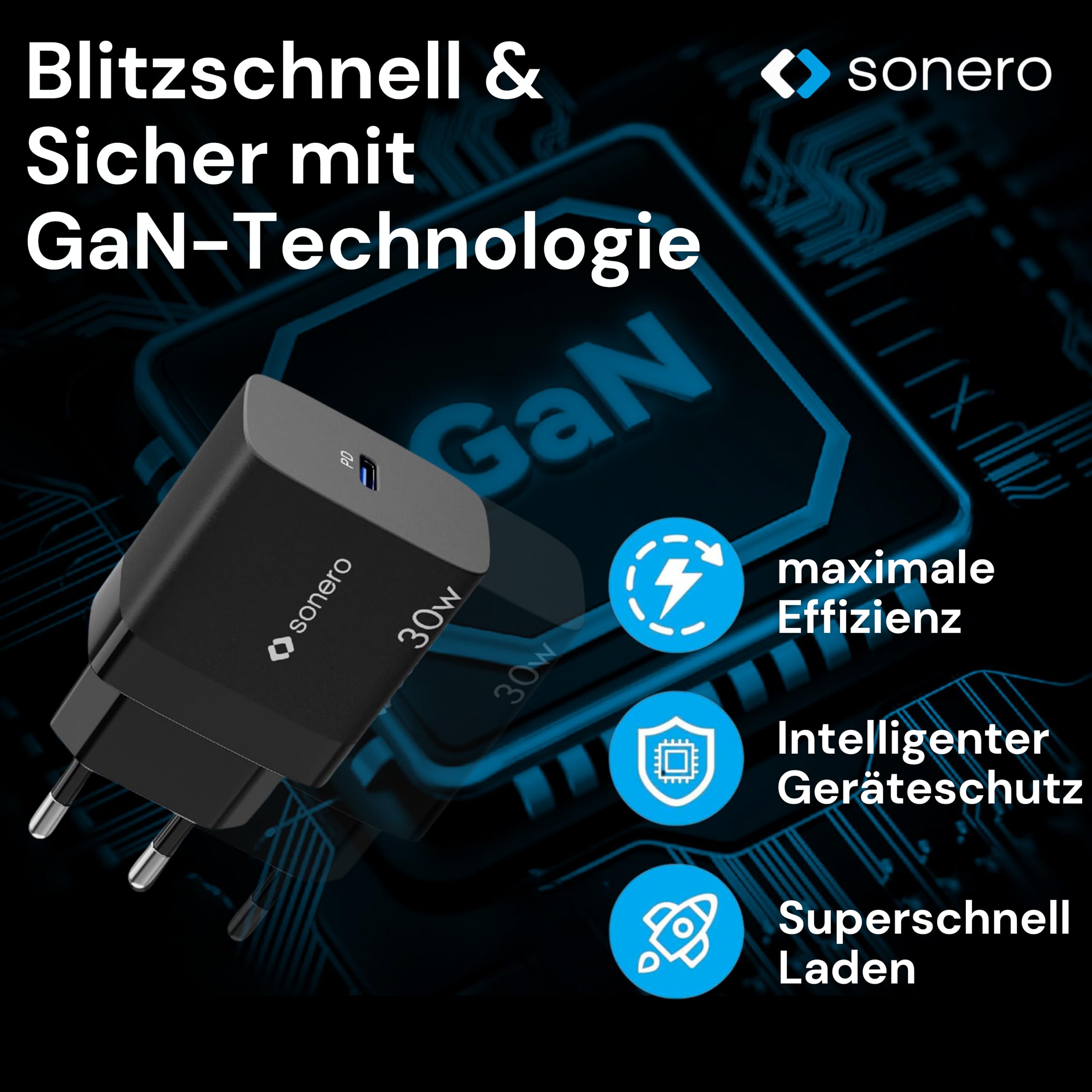 sonero USB C Ladegerät, Ladestecker Adapter, Netzteil 30 Watt Schnellladegerät kompatibel mit Apple iPhone 15, Samsung, Tablet, Laptop uvm, Mehrfach GaN PD Charger, Schwarz