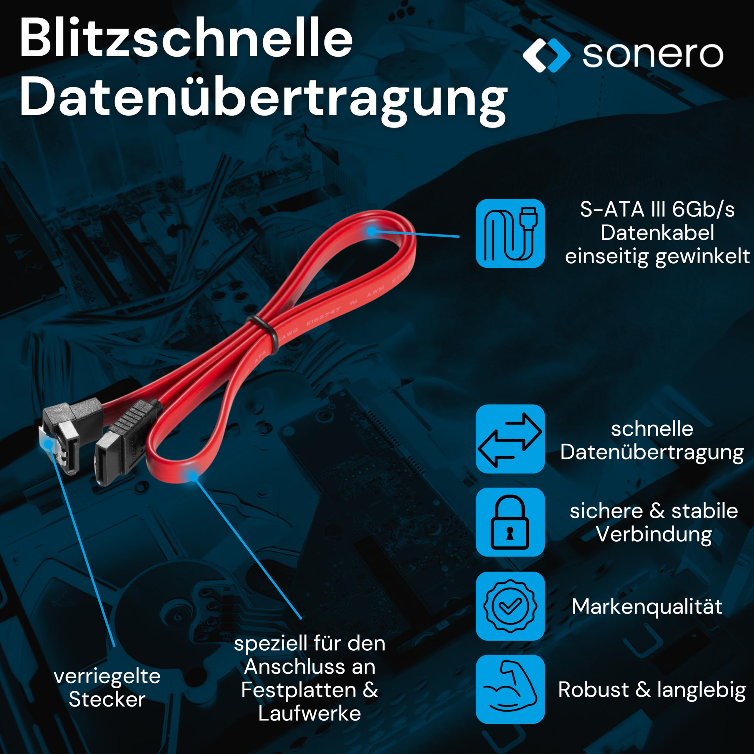 Sonero® SATA III 6Gb/s Datenkabel, 0,50m, gewinkelt, rot