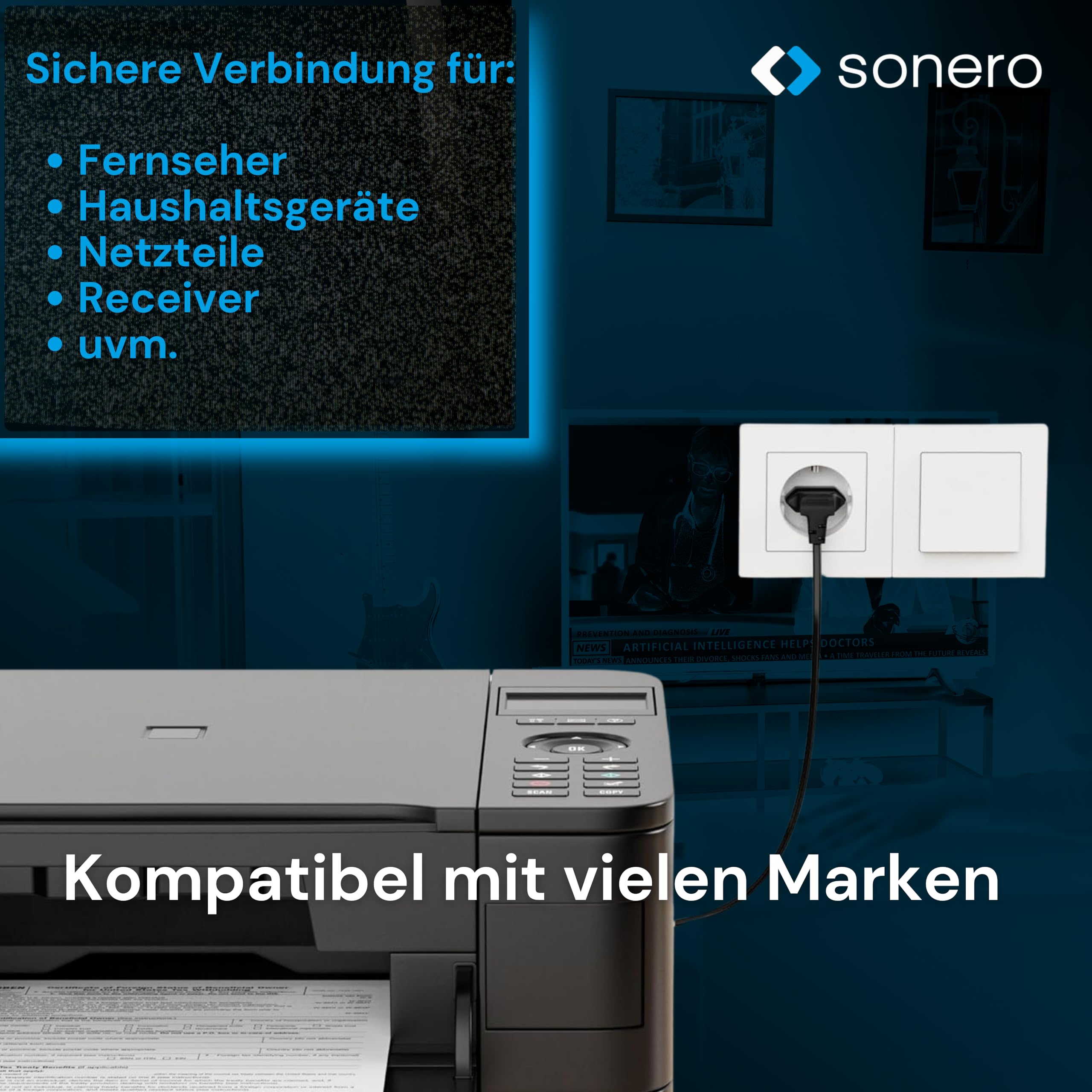 sonero Stromkabel Netzkabel 2 Polig, 1,0m, Eurostecker Typ C Netzstecker auf IEC Buchse C7 Euro 8 Stecker, 90° Winkel Netzteil Strom Kabel für TV, PS5, PS4, PS3, Haushaltsgeräte, Schwarz
