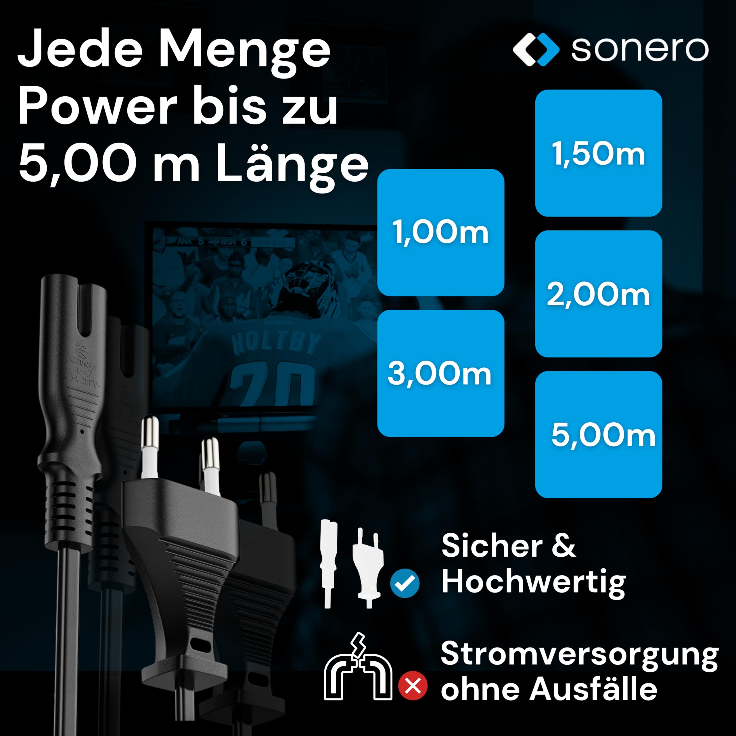 sonero Stromkabel Netzkabel 2 Polig, 5,0m, Eurostecker Typ C Netzstecker auf IEC Buchse C7 Euro 8 Stecker, Netzteil Strom Kabel für TV, PS5, PS4, PS3, Haushaltsgeräte, Schwarz