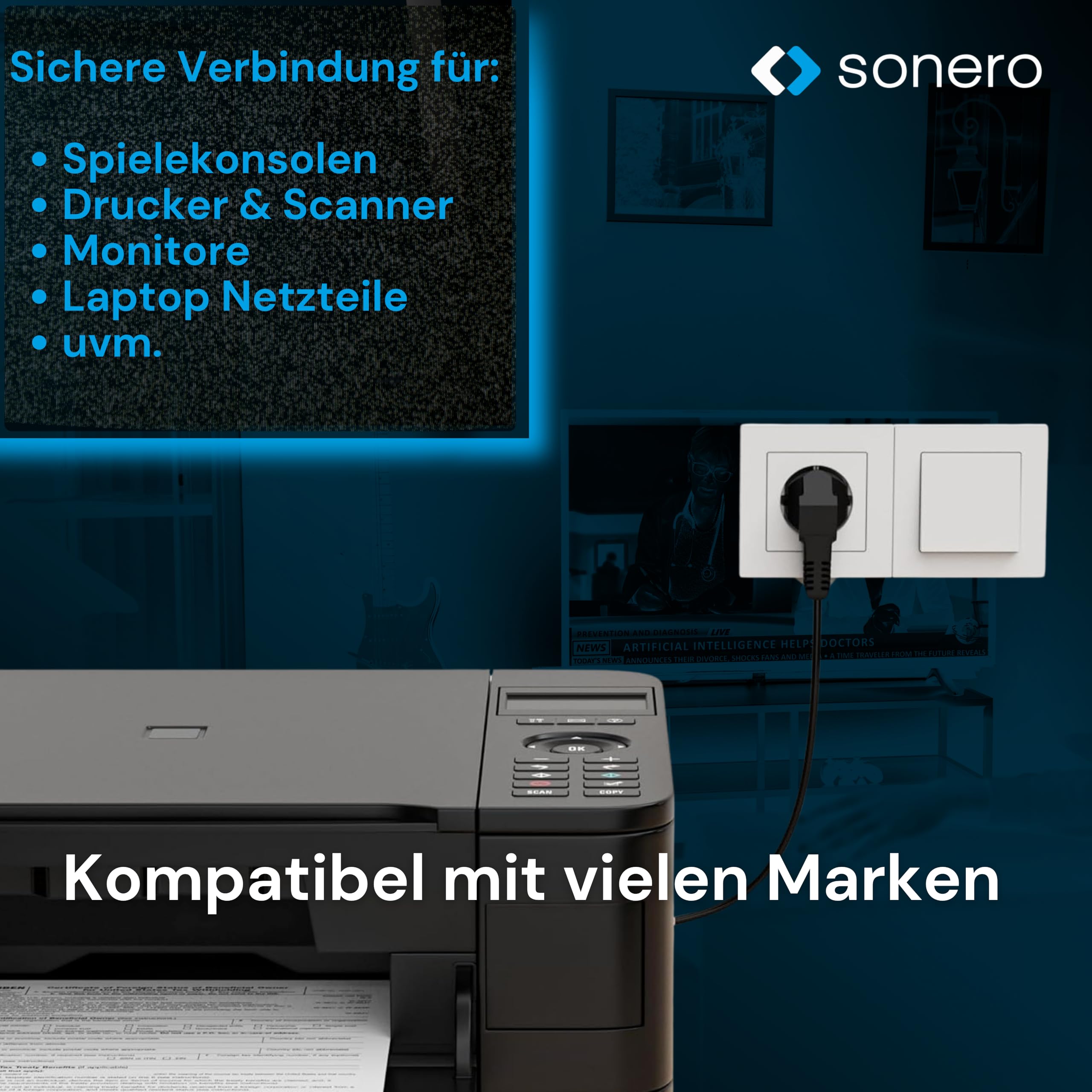 sonero Stromkabel Kaltgerätekabel 3 Polig, 1,0m, Schutzkontakt Stecker Netzstecker auf Kaltgerätekupplung C13 Buchse, 90° Winkel Netzkabel Netzteil Strom Kabel für Monitor PC Drucker, Schwarz