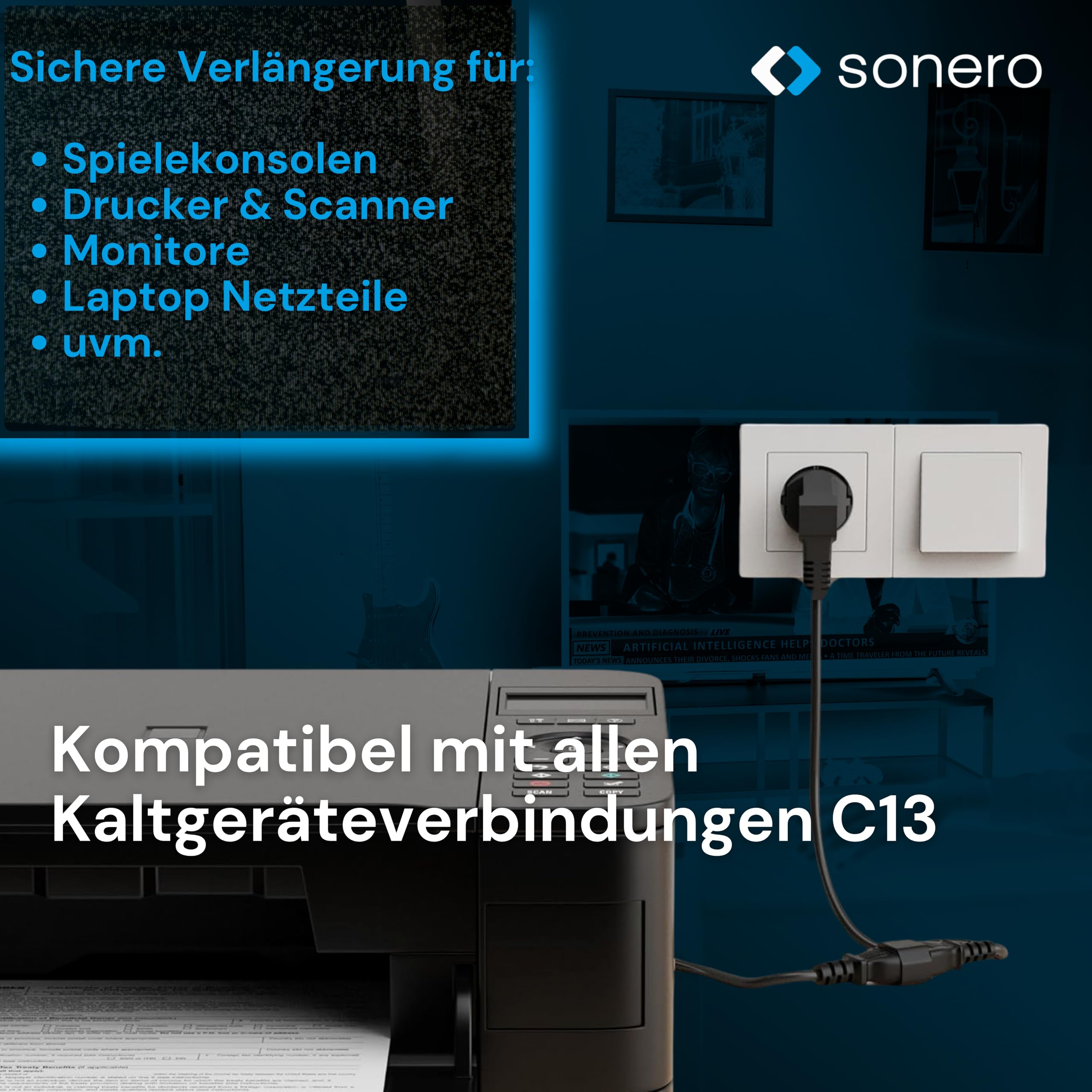 sonero Kaltgerätekabel Kaltgeräte Verlängerung 3 Polig, 2,0m, Kaltgeräte Stecker Netzstecker C14 auf Kaltgerätekupplung C13 Buchse, Verlängerungskabel Netzkabel für Monitor PC Drucker, Schwarz