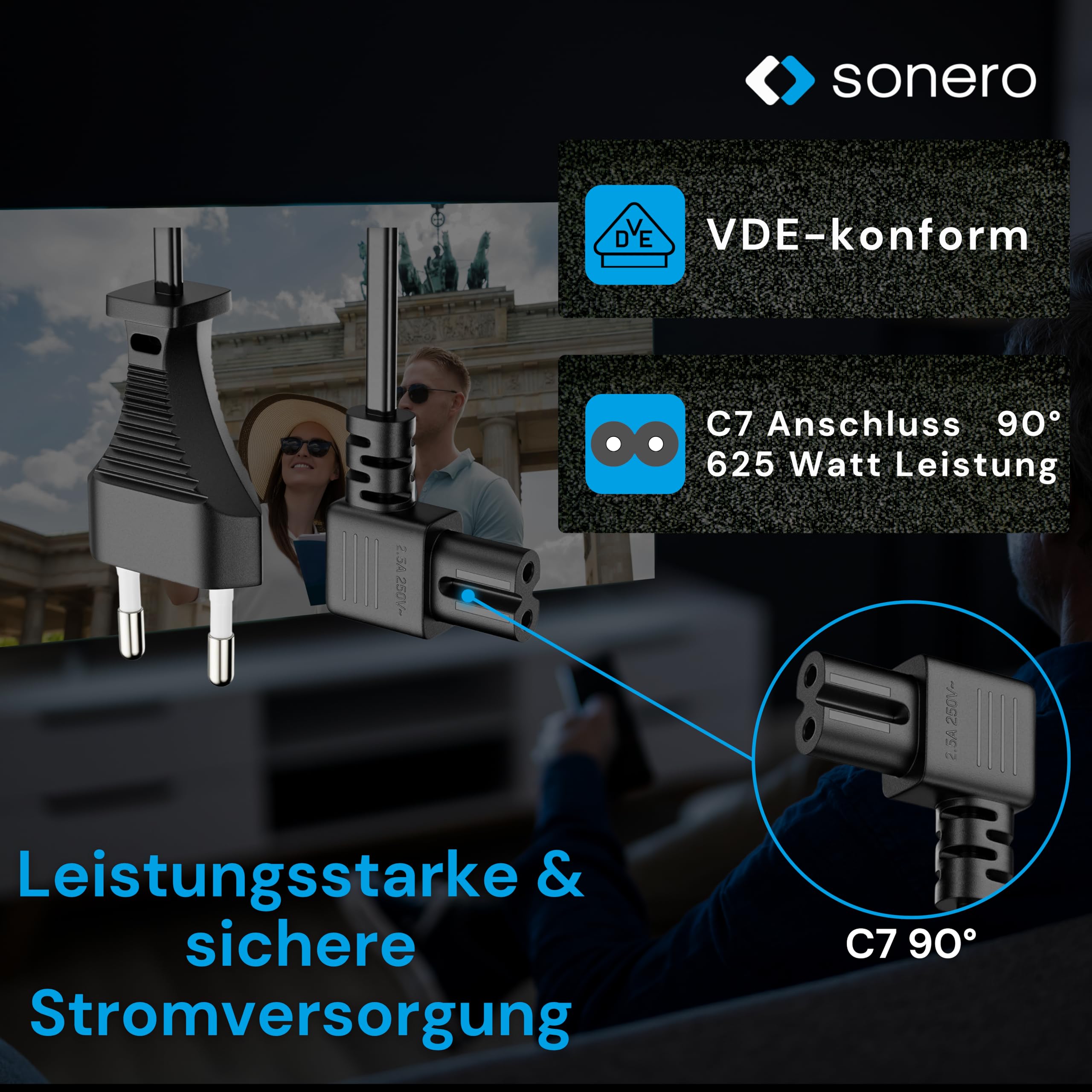 sonero Stromkabel Netzkabel 2 Polig, 1.00m, Eurostecker Typ C Netzstecker auf IEC Buchse C7 Euro 8 Stecker, 90° Winkel Netzteil Strom Kabel für TV, PS5, PS4, PS3, Haushaltsgeräte, schwarz