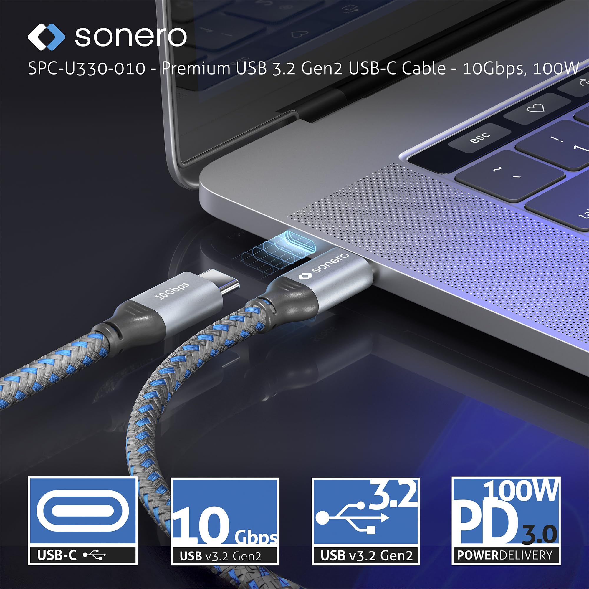 Sonero® USB-C auf USB-C Kabel, 4K 60Hz Bildübertragung, USB 3.2 Gen 2, DP Alt Mode, 10 GB/s Datenübertragung, 5A/20V/100W mit E-Marker Chip, grau/blau, 1,00 m