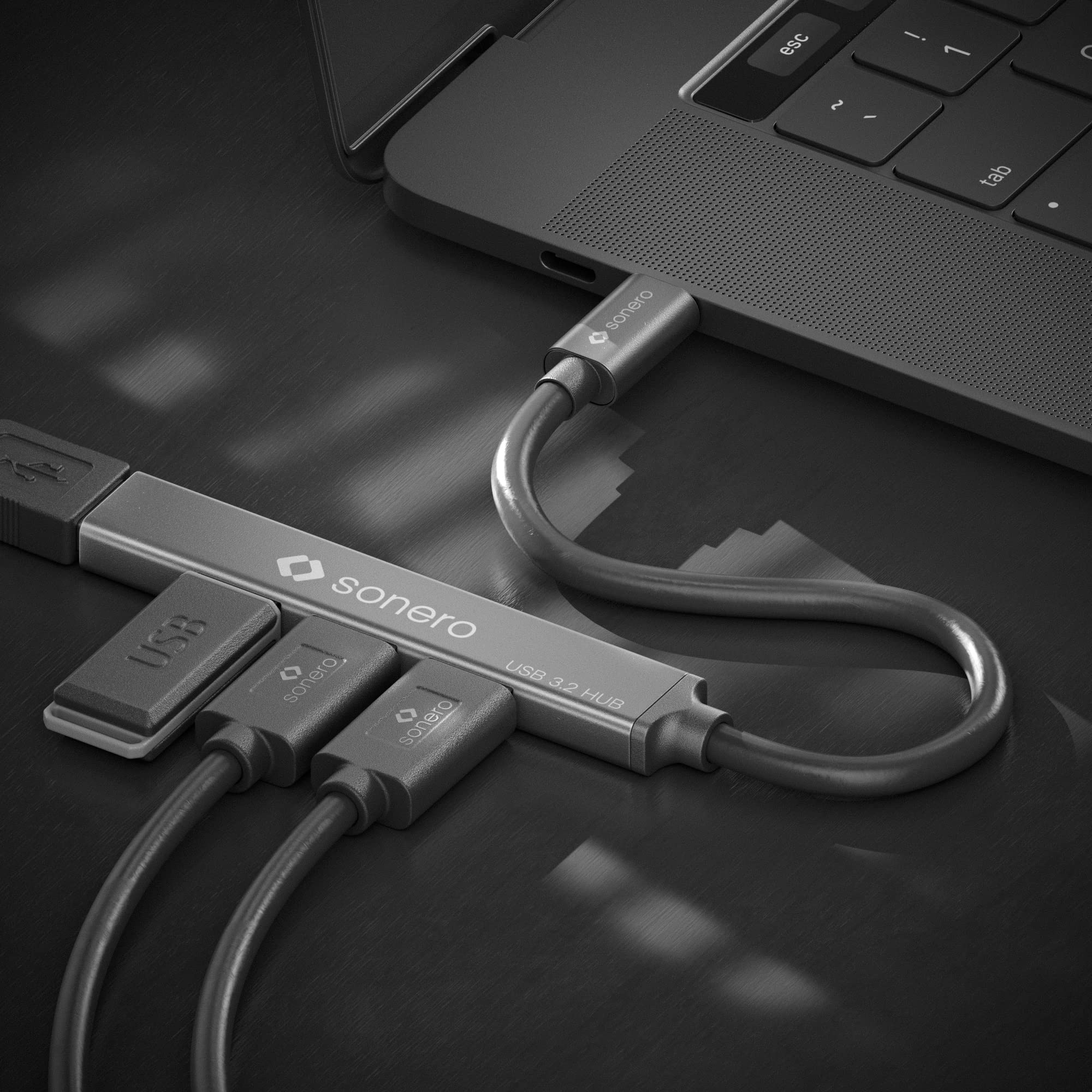 Sonero USB-Hub, USB-Verteiler, 4-Port, 1x USB 3.2 mit 5 GB-s, 3X 2.0 480 MB-s, USB-C Stecker, Ultra Slim, Space Grey, 1, 00m, S-UH110-010