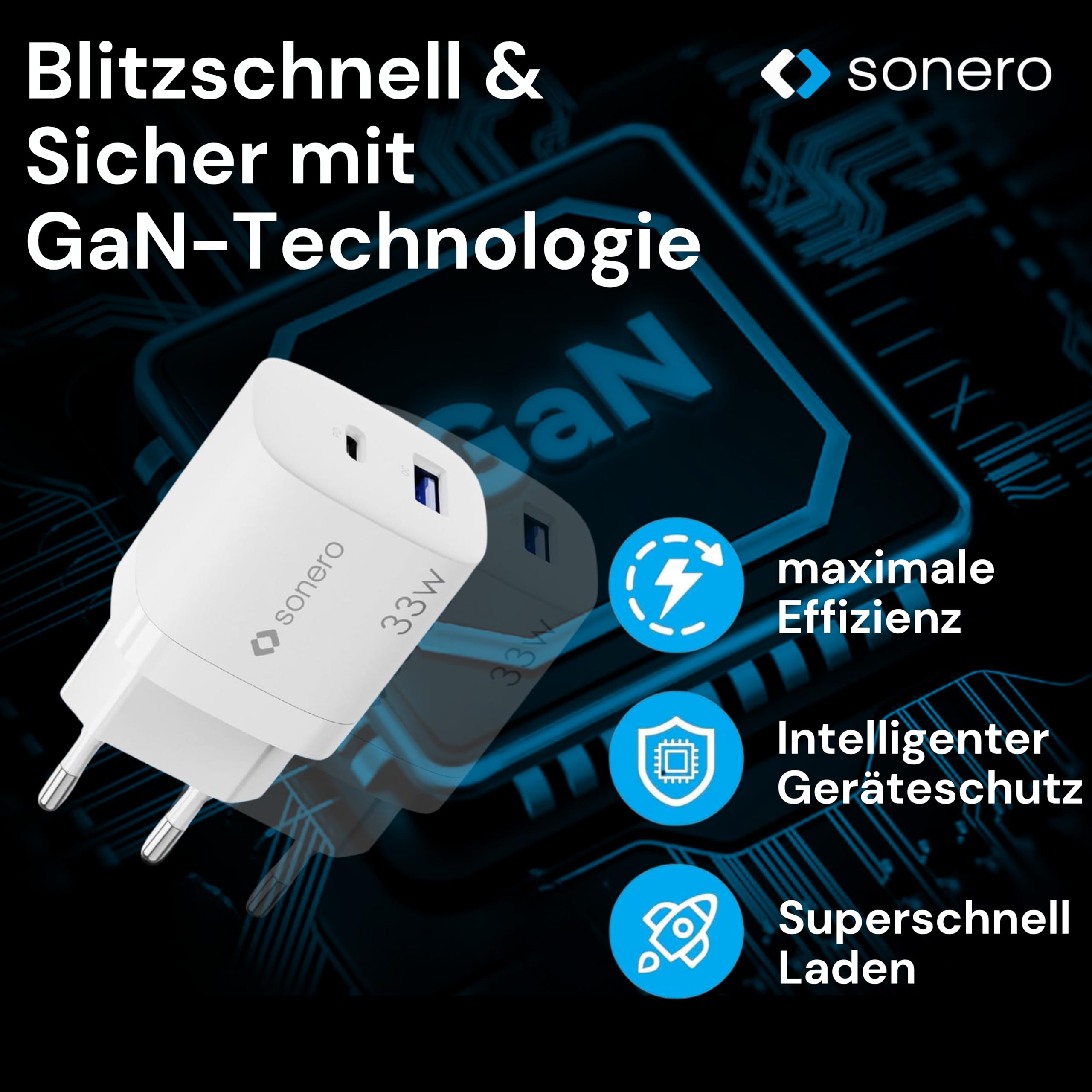 sonero USB C Ladegerät, 2 Port Adapter, Netzteil 33 Watt Schnellladegerät kompatibel mit Apple iPhone 15, Samsung, Tablet, Laptop UVM, Mehrfach GaN QC PD Charger, Weiß