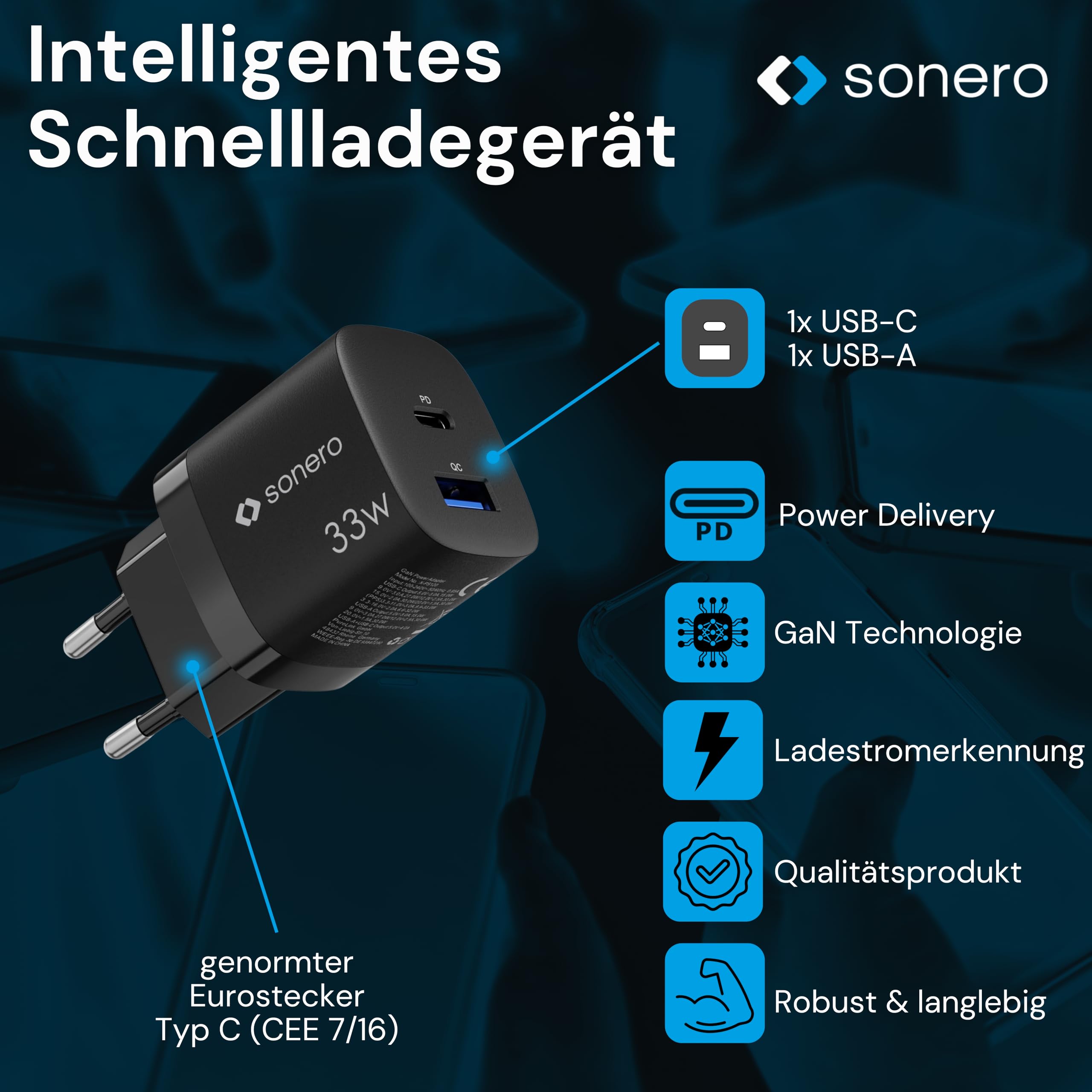 sonero USB C Ladegerät, 2 Port Adapter, Netzteil 33 Watt Schnellladegerät kompatibel mit Apple iPhone 15, Samsung, Tablet, Laptop uvm, Mehrfach GaN QC PD Charger, Schwarz