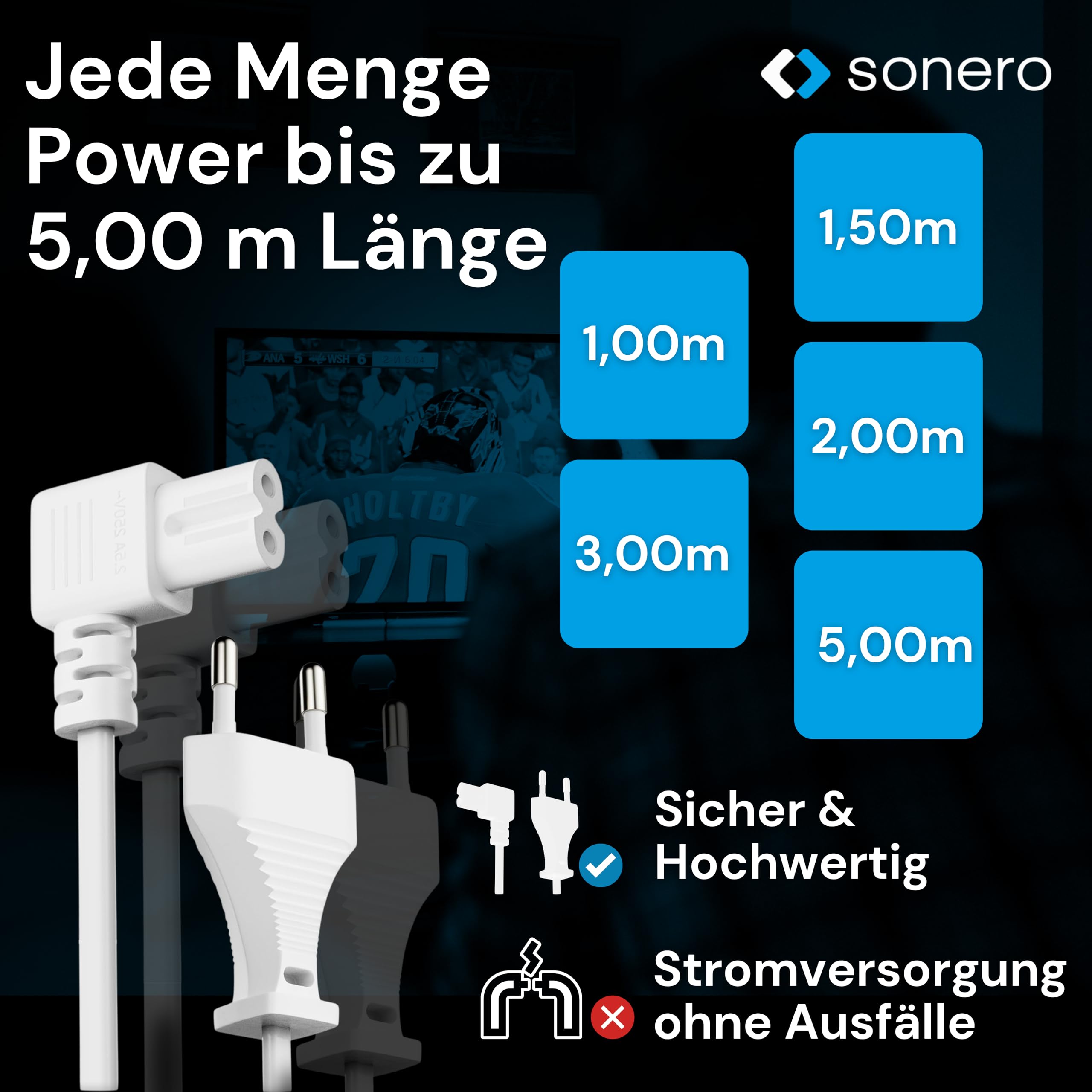 sonero Stromkabel Netzkabel 2 Polig, 3,0m, Eurostecker Typ C Netzstecker auf IEC Buchse C7 Euro 8 Stecker, 90° Winkel Netzteil Strom Kabel für TV, PS5, PS4, PS3, Haushaltsgeräte, Weiß