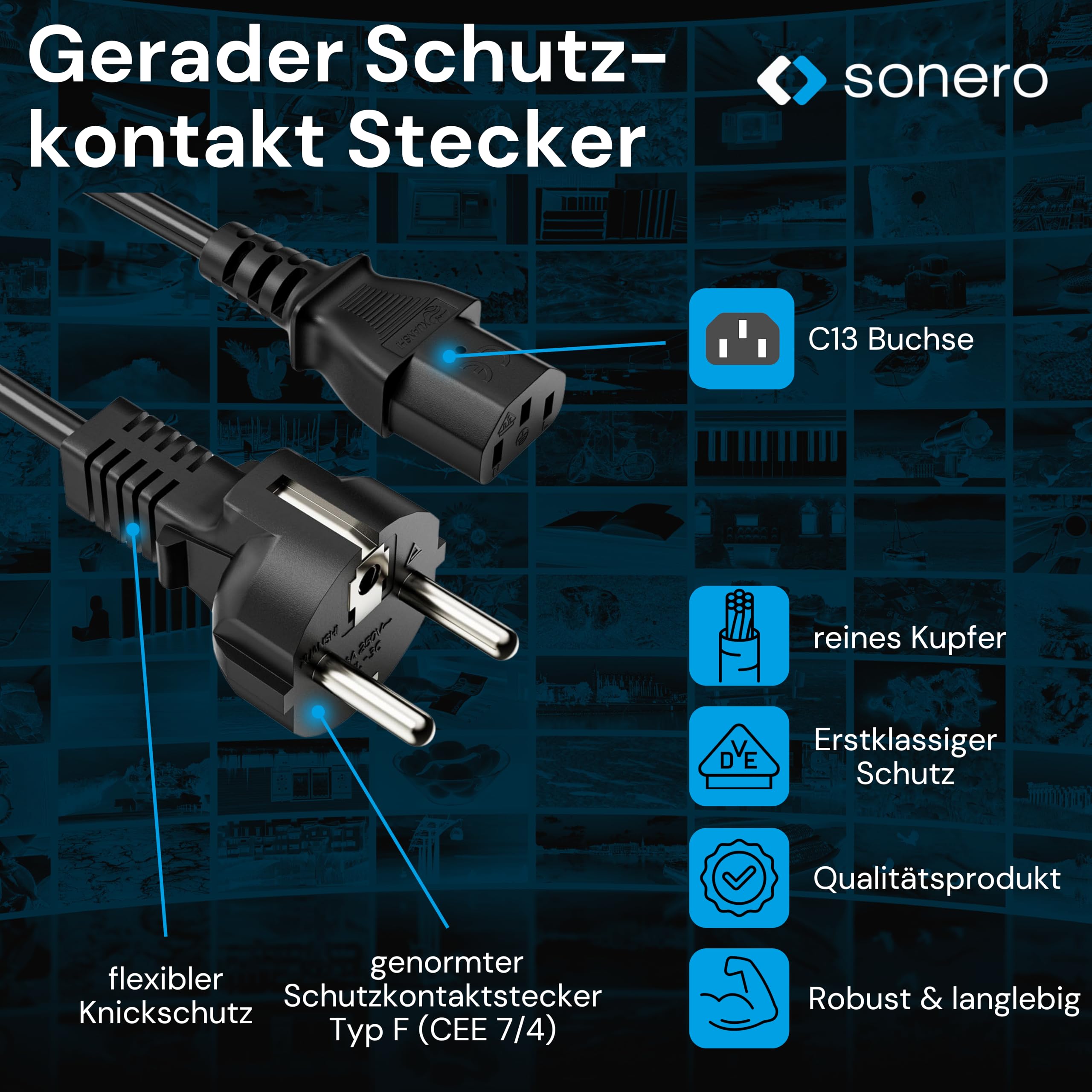 sonero Stromkabel Kaltgerätekabel 3 Polig, 2,0m, Schutzkontakt Stecker Netzstecker auf Kaltgerätekupplung C13 Buchse, Netzkabel Netzteil Strom Kabel für Monitor PC Drucker, Schwarz