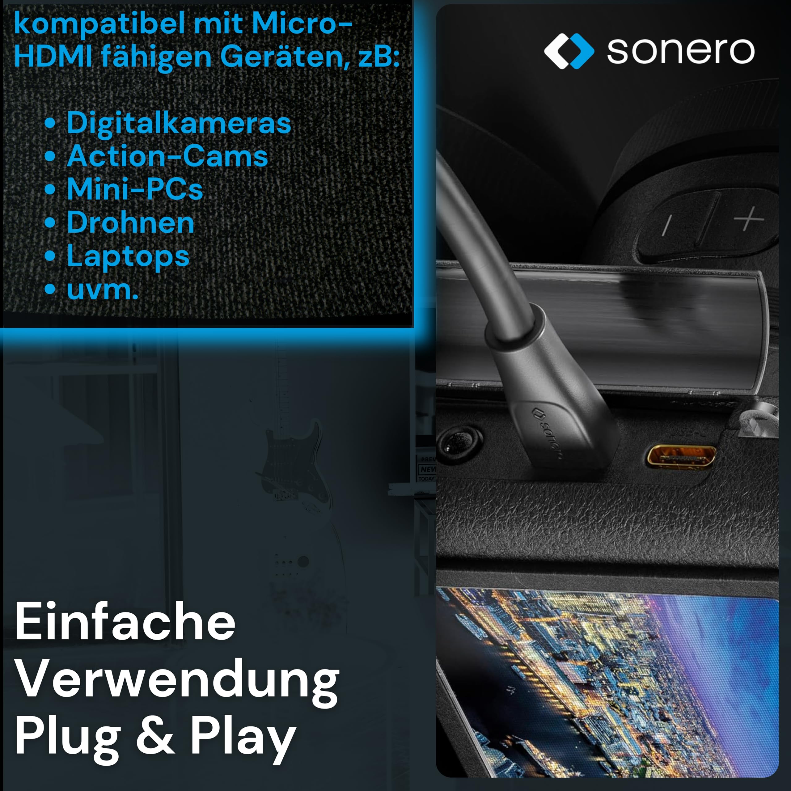 Sonero Micro HDMI auf 4K HDMI Portsaver Adapter, Premium High Speed, Micro HDMI D Stecker auf HDMI A Buchse, vergoldete Kontakte, zweifache Abschirmung, PVC-Mantel, 0,15m, (X-PHA030-0015)