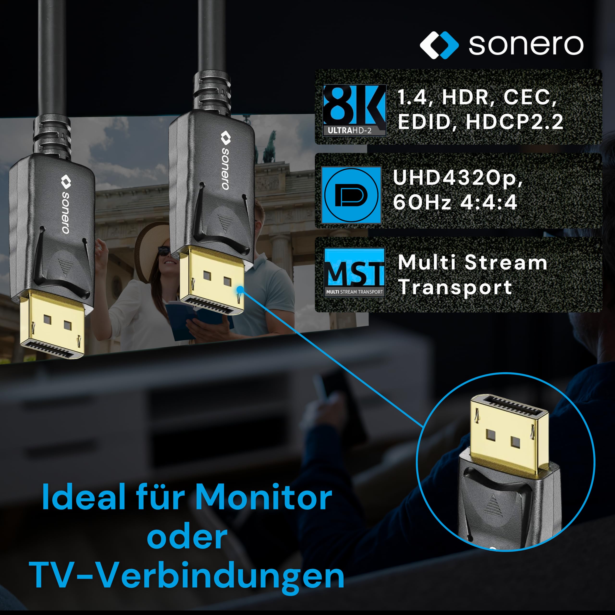 Sonero® 2m DisplayPort Kabel 1.4, DisplayPort auf DisplayPort, 8K 60hz, schwarz