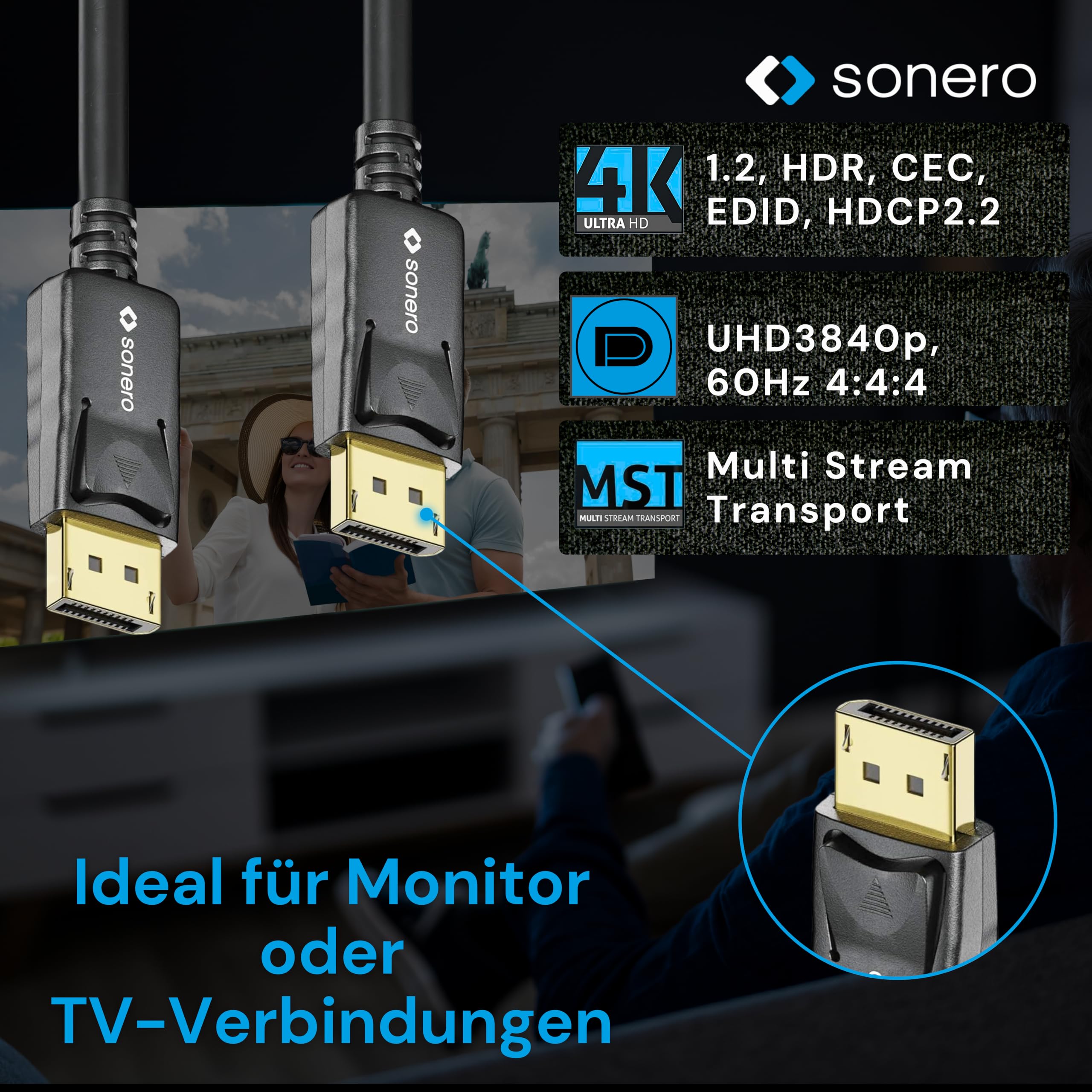 Sonero® 5m DisplayPort Kabel 1.2, DisplayPort auf DisplayPort, 4K 60 Hz, 2K 144Hz, schwarz