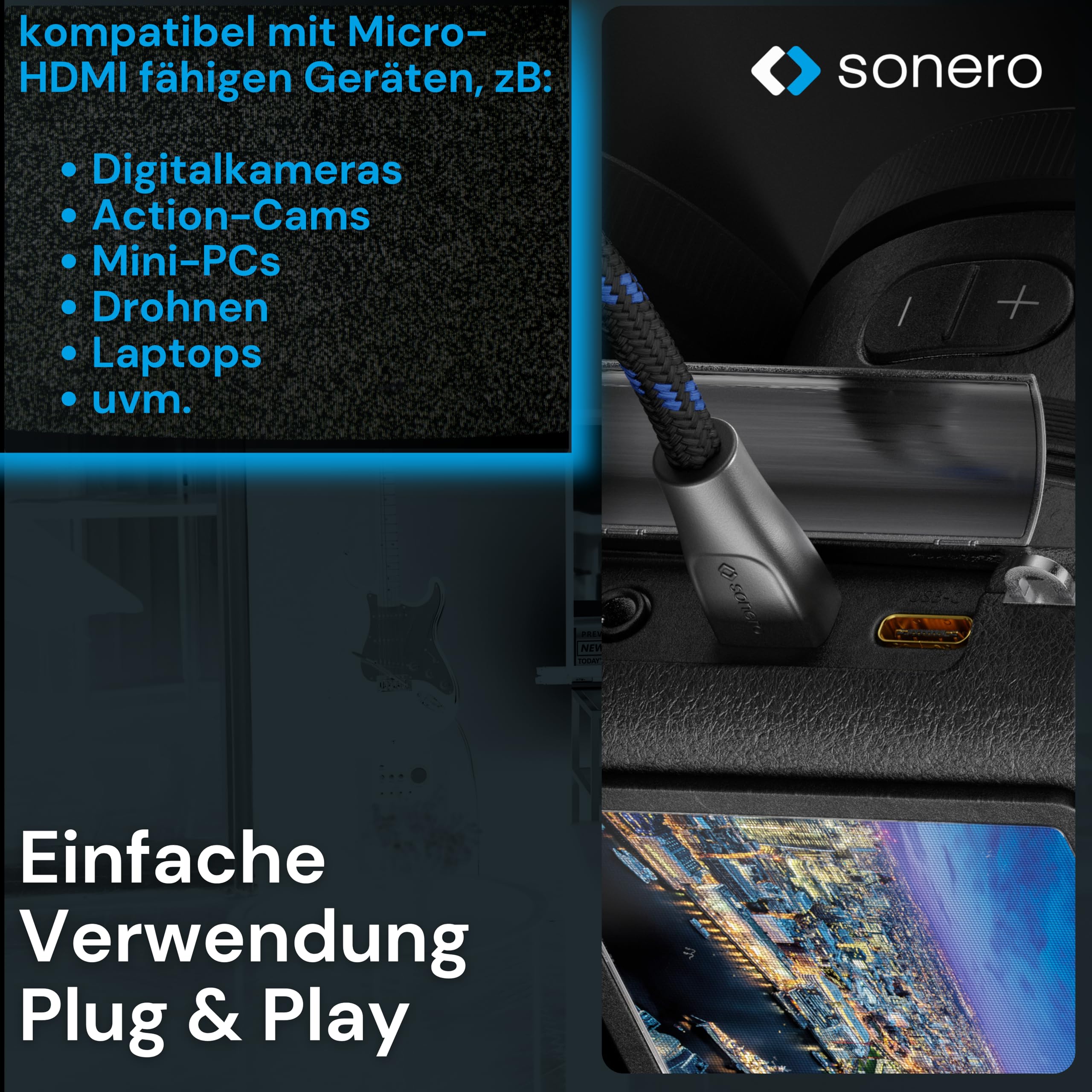 Sonero® Micro HDMI auf 4K HDMI Portsaver Adapter, Premium High Speed, Micro HDMI D Stecker auf HDMI A Buchse, vergoldete Kontakte, zweifache Abschirmung, Baumwollmantel, 0,15m