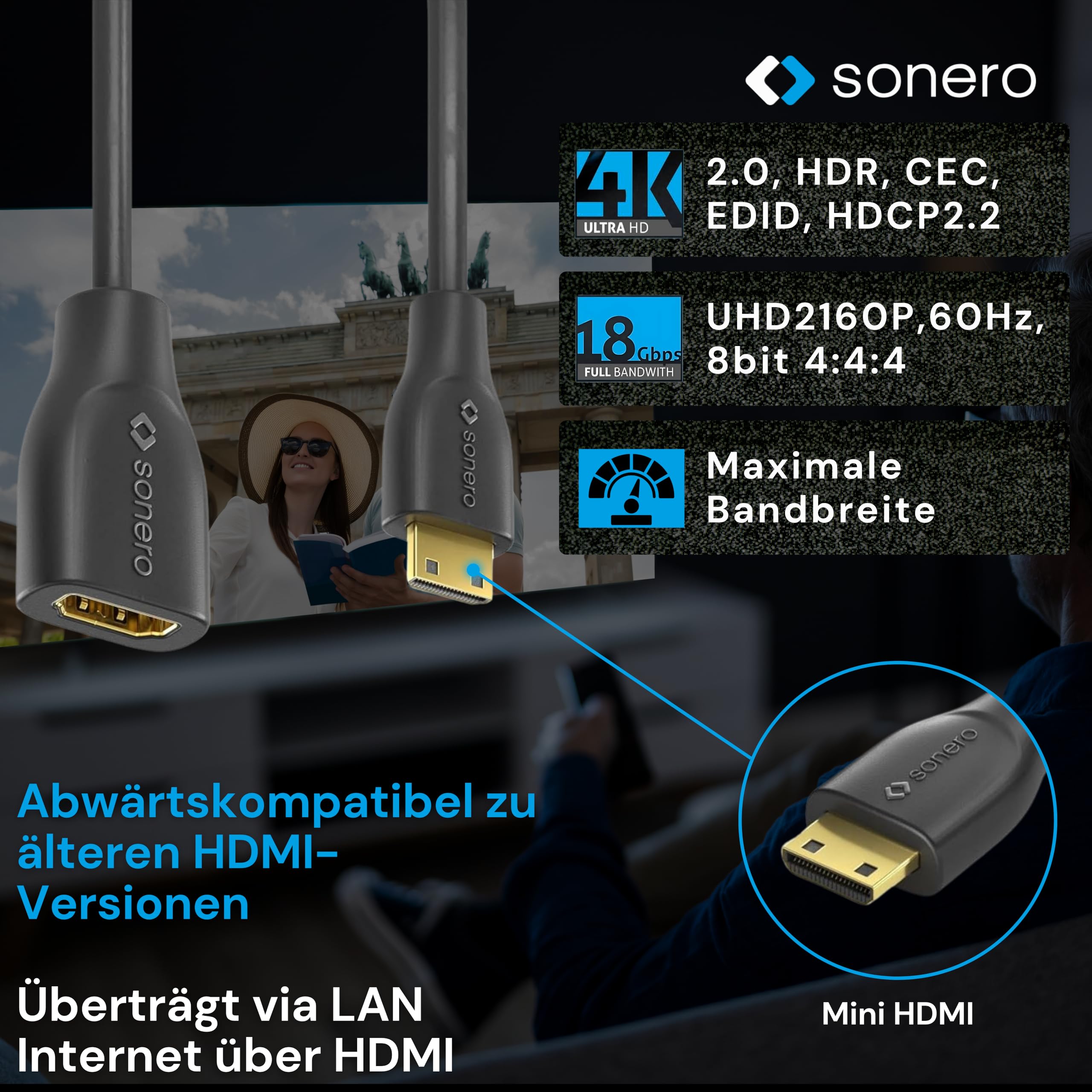 Sonero® Mini HDMI auf 4K HDMI Portsaver Adapter, Premium High Speed, Mini HDMI C Stecker auf HDMI A Buchse, vergoldete Kontakte, zweifache Abschirmung, PVC-Mantel, 0,15m