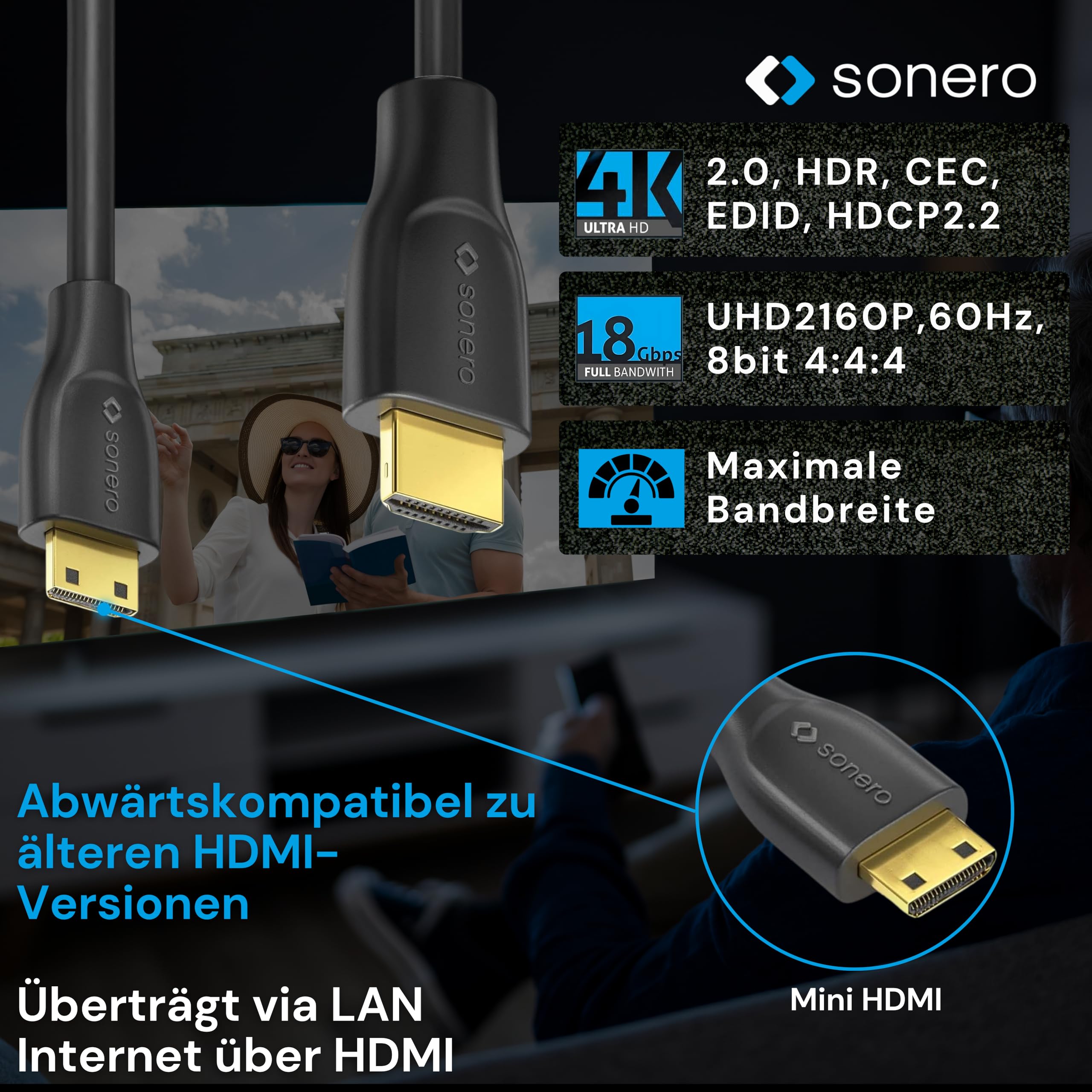 Sonero® 4K Mini HDMI auf HDMI-Kabel, Premium High Speed, 4K 60Hz, Mini HDMI Stecker auf HDMI Stecker, vergoldete Kontakte, zweifache Abschirmung, PVC-Mantel, 1,50m
