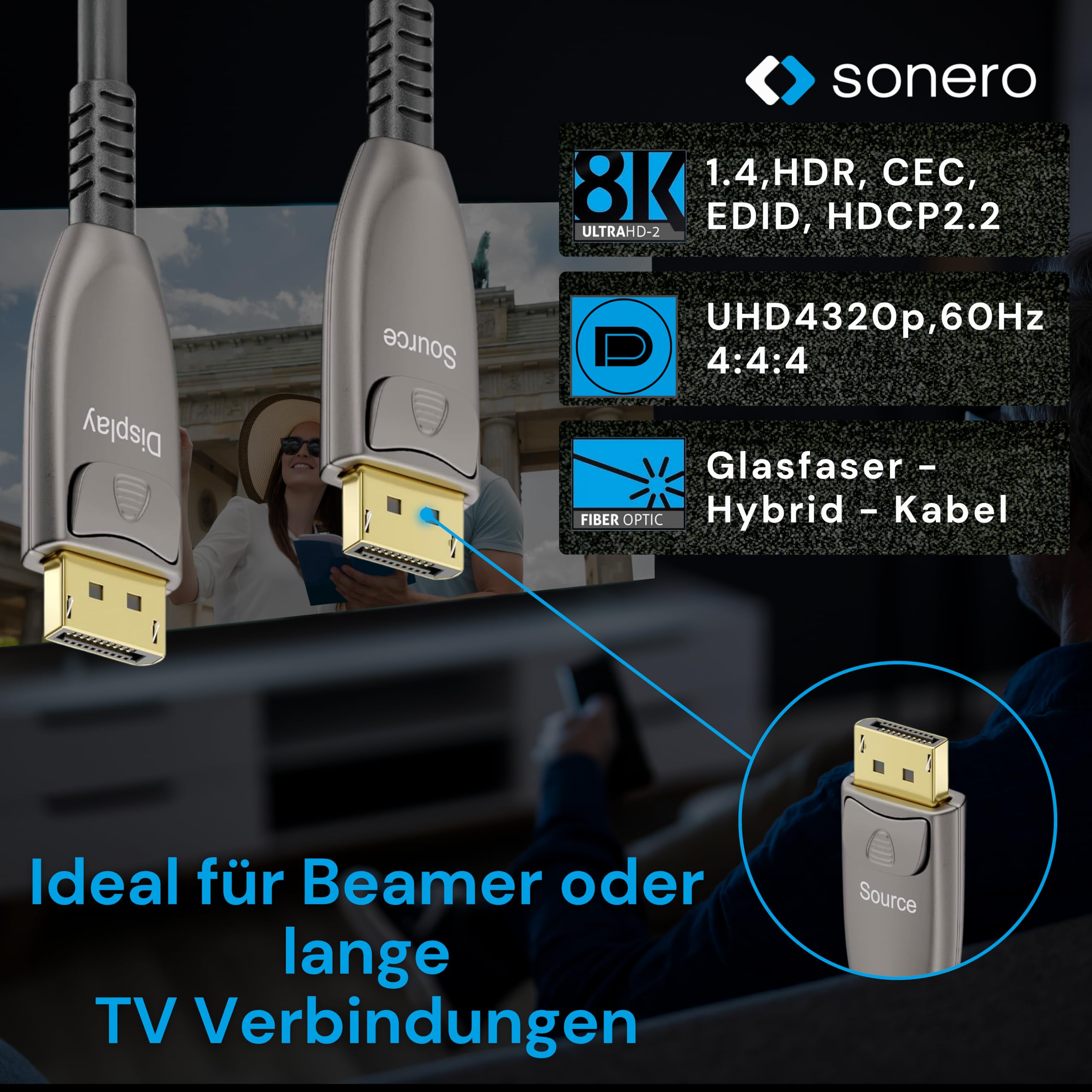 Sonero® 8K-DisplayPort 1.4 Kabel, Glasfaser-Hybrid-Kabel, Auflösung bis 8K 60 Hz (7680 x 4320) / 4K 120Hz (3840 × 2160), HDR und DSC Unterstützug, anthrazit, 10 Meter