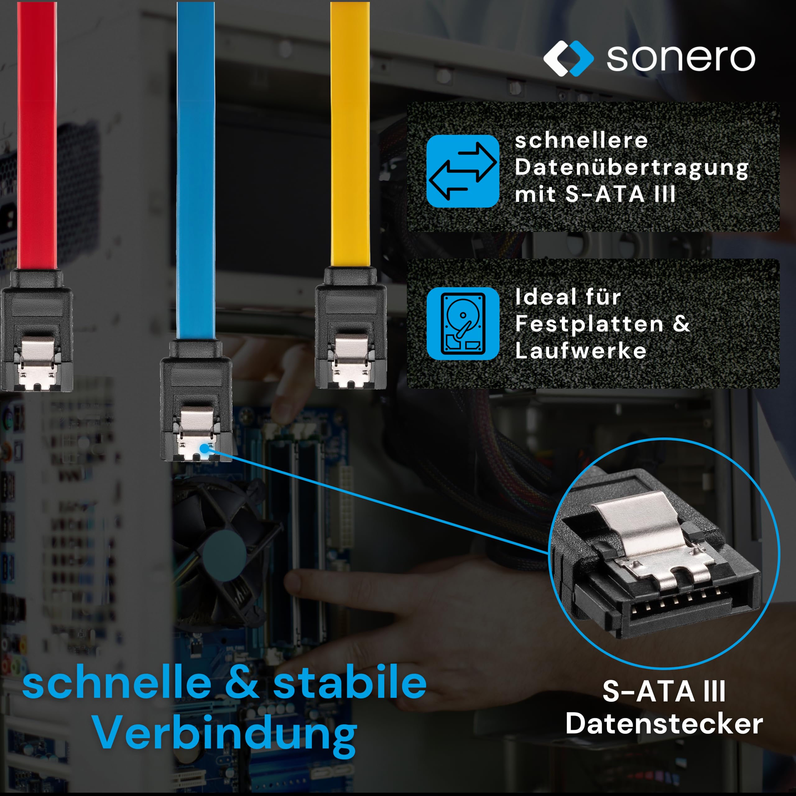 Sonero® SATA III 6Gb/s Datenkabel-Set, 3x 0,50m, rot/gelb/blau