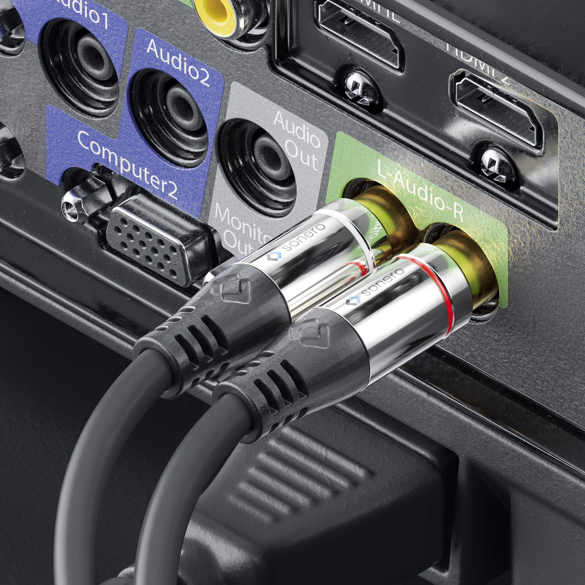 sonero® Premium Audio Adapter, 0,20m, 2X Cinch Stecker auf 3,5mm Klinke Buchse, schwarz