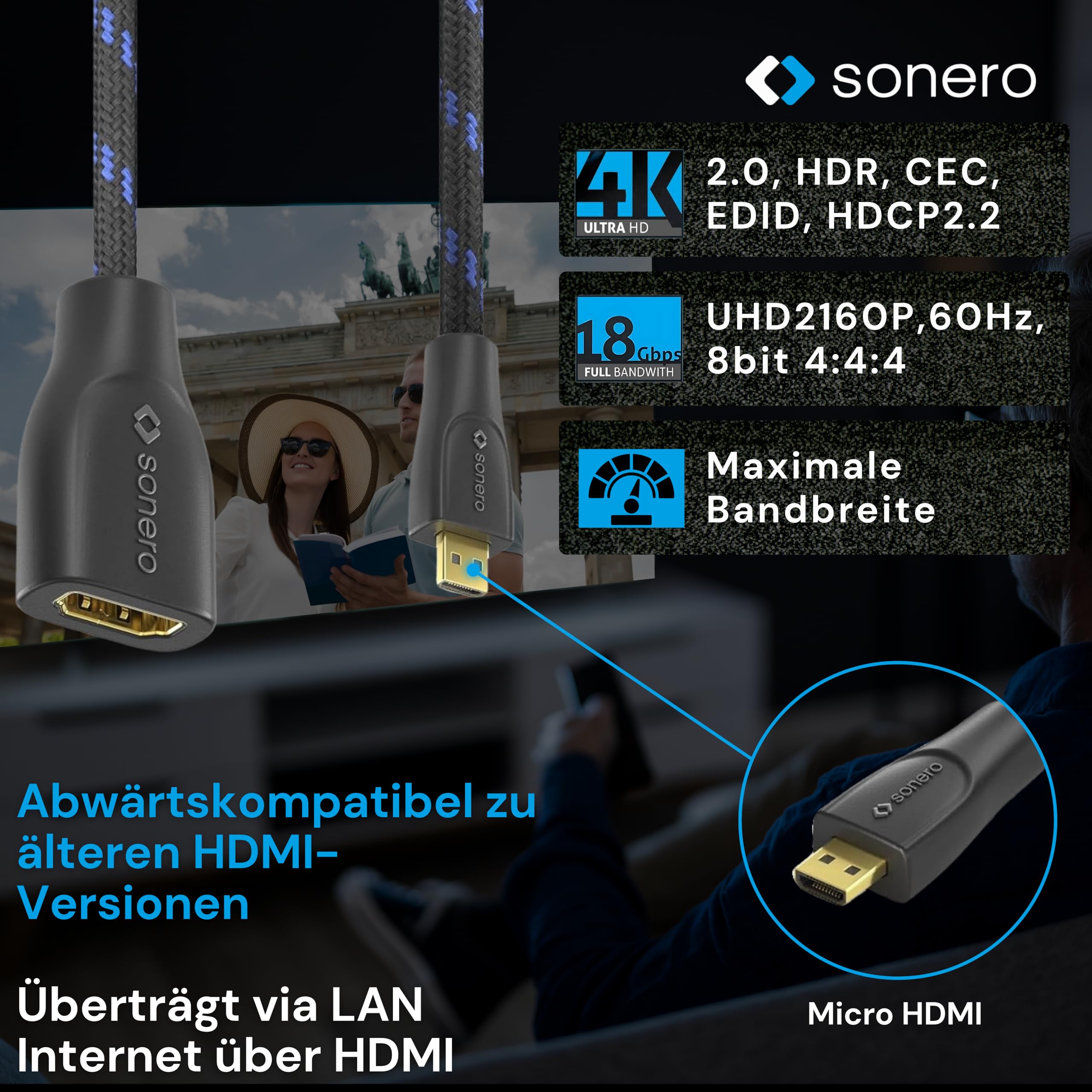 Sonero® Micro HDMI auf 4K HDMI Portsaver Adapter, Premium High Speed, Micro HDMI D Stecker auf HDMI A Buchse, vergoldete Kontakte, zweifache Abschirmung, Baumwollmantel, 0,15m