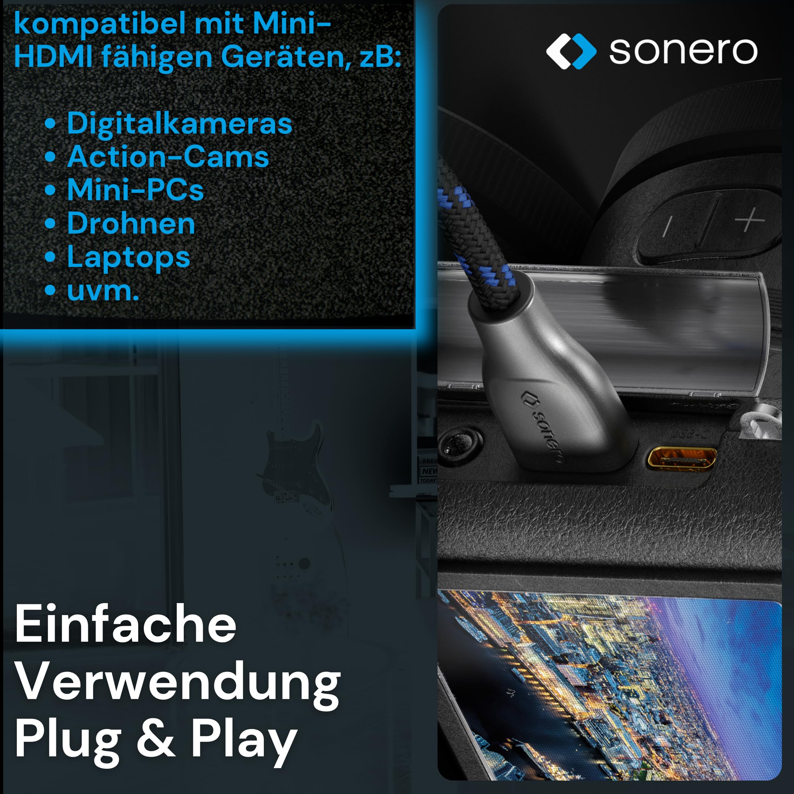 Sonero® Mini HDMI auf 4K HDMI Portsaver Adapter, Premium High Speed, Mini HDMI C Stecker auf HDMI A Buchse, vergoldete Kontakte, zweifache Abschirmung, Baumwollmantel, 0,15m