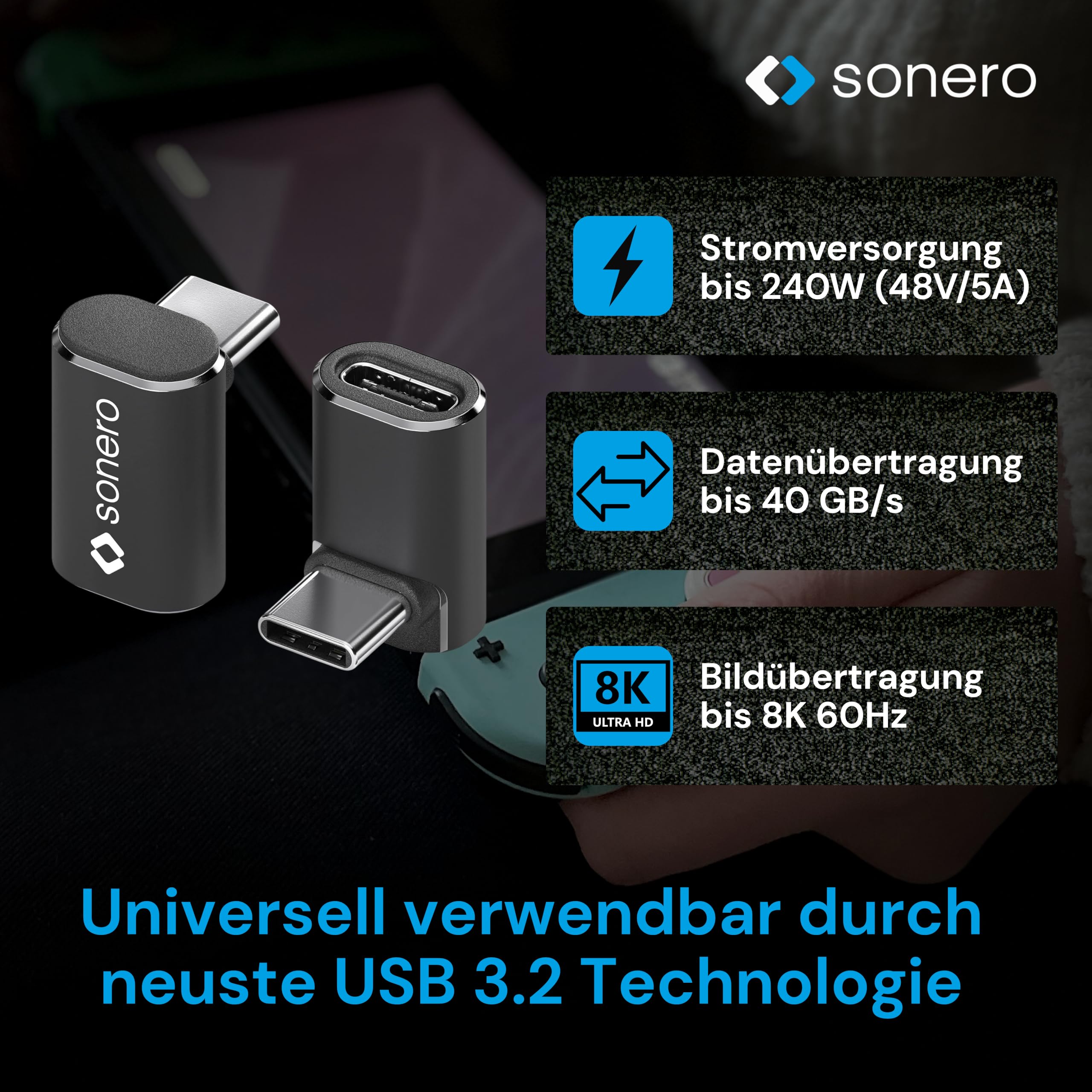 Sonero USB-C Stecker auf 90° Winkel USB-C Buchse (1er), Adapter, 40Gbps, 240W, 8K60Hz, Aluminium Gehäuse, schwarz