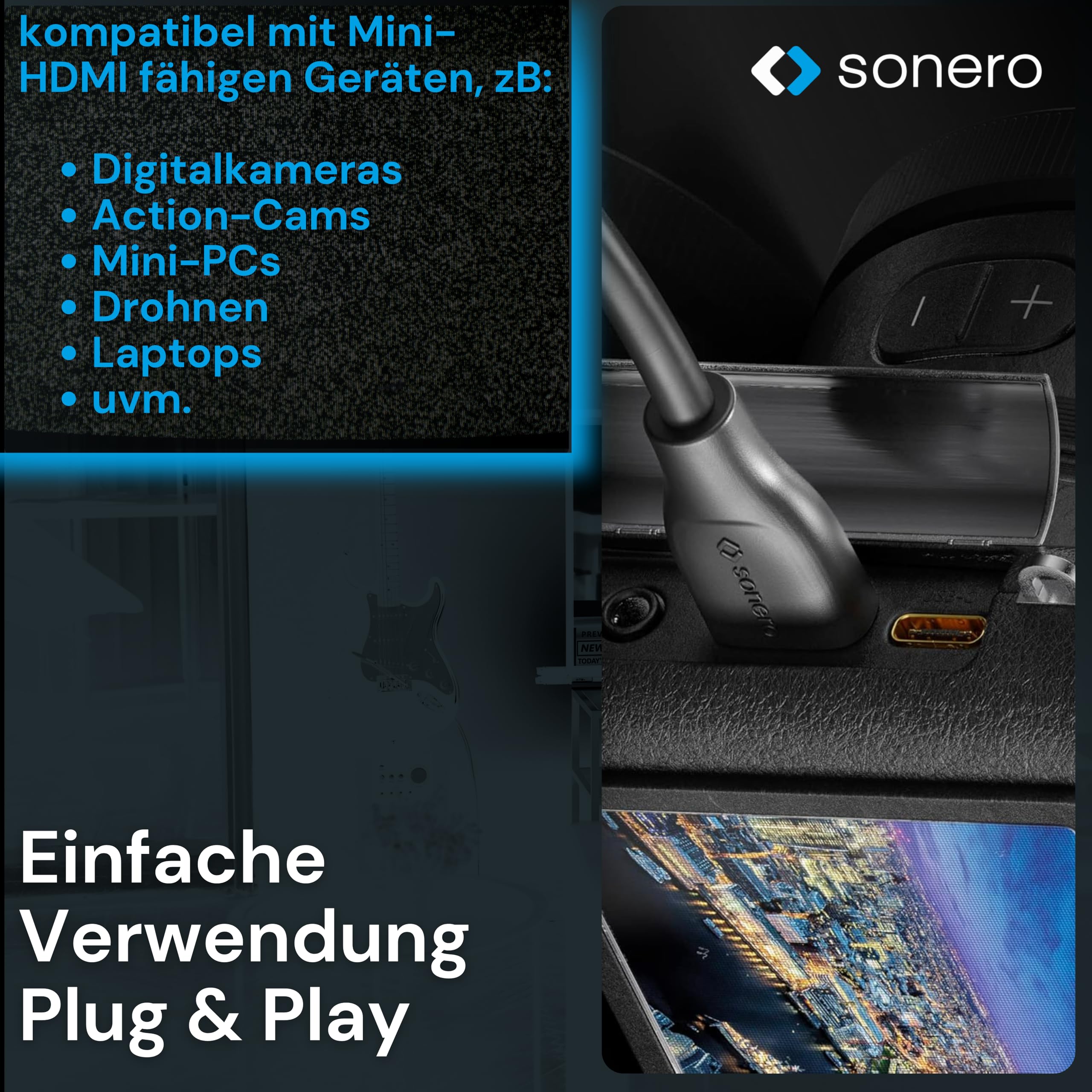 Sonero® Mini HDMI auf 4K HDMI Portsaver Adapter, Premium High Speed, Mini HDMI C Stecker auf HDMI A Buchse, vergoldete Kontakte, zweifache Abschirmung, PVC-Mantel, 0,15m