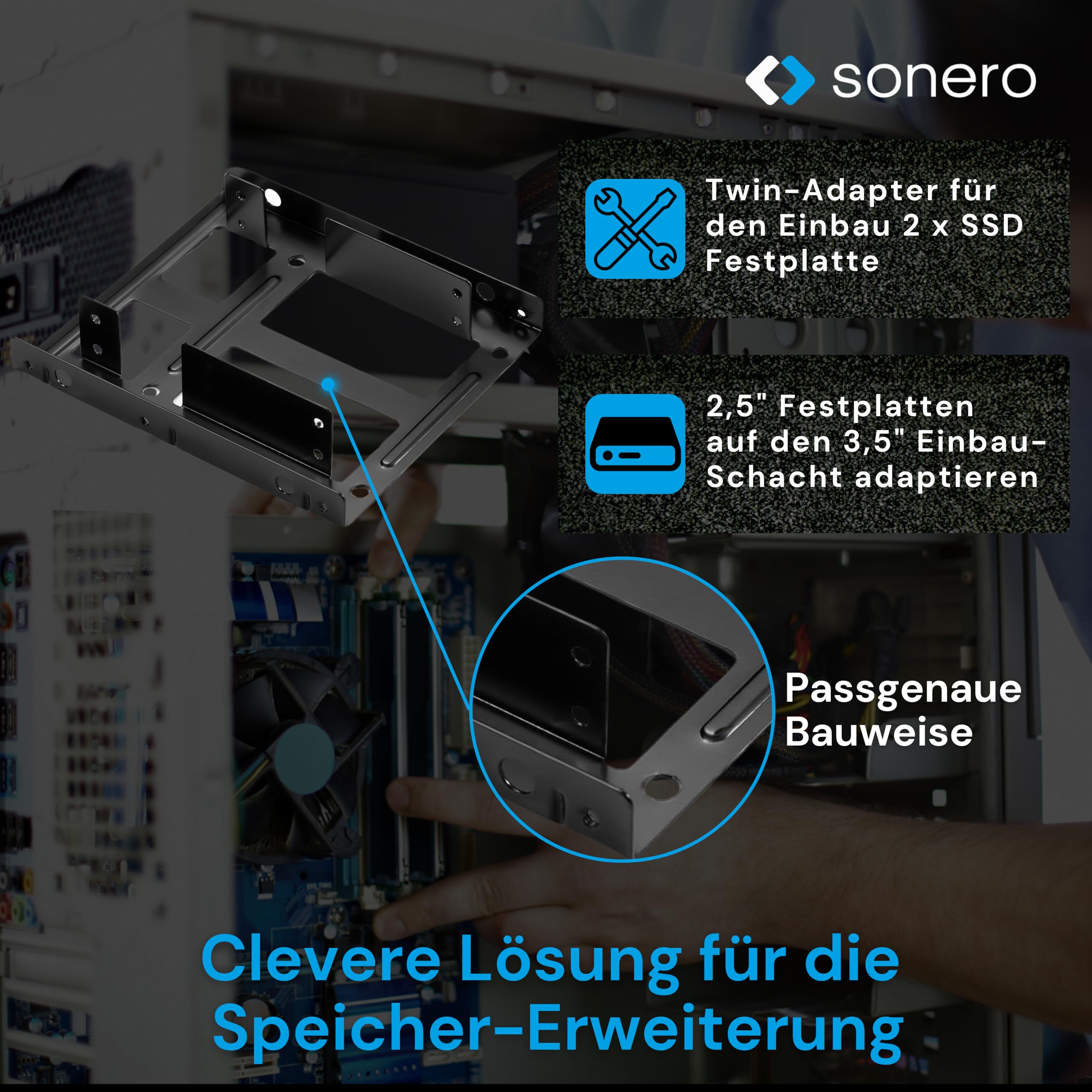 Sonero® SSD Einbaurahmen Set, 2x 2,5" SSD auf 3,5" inkl, Zubehör