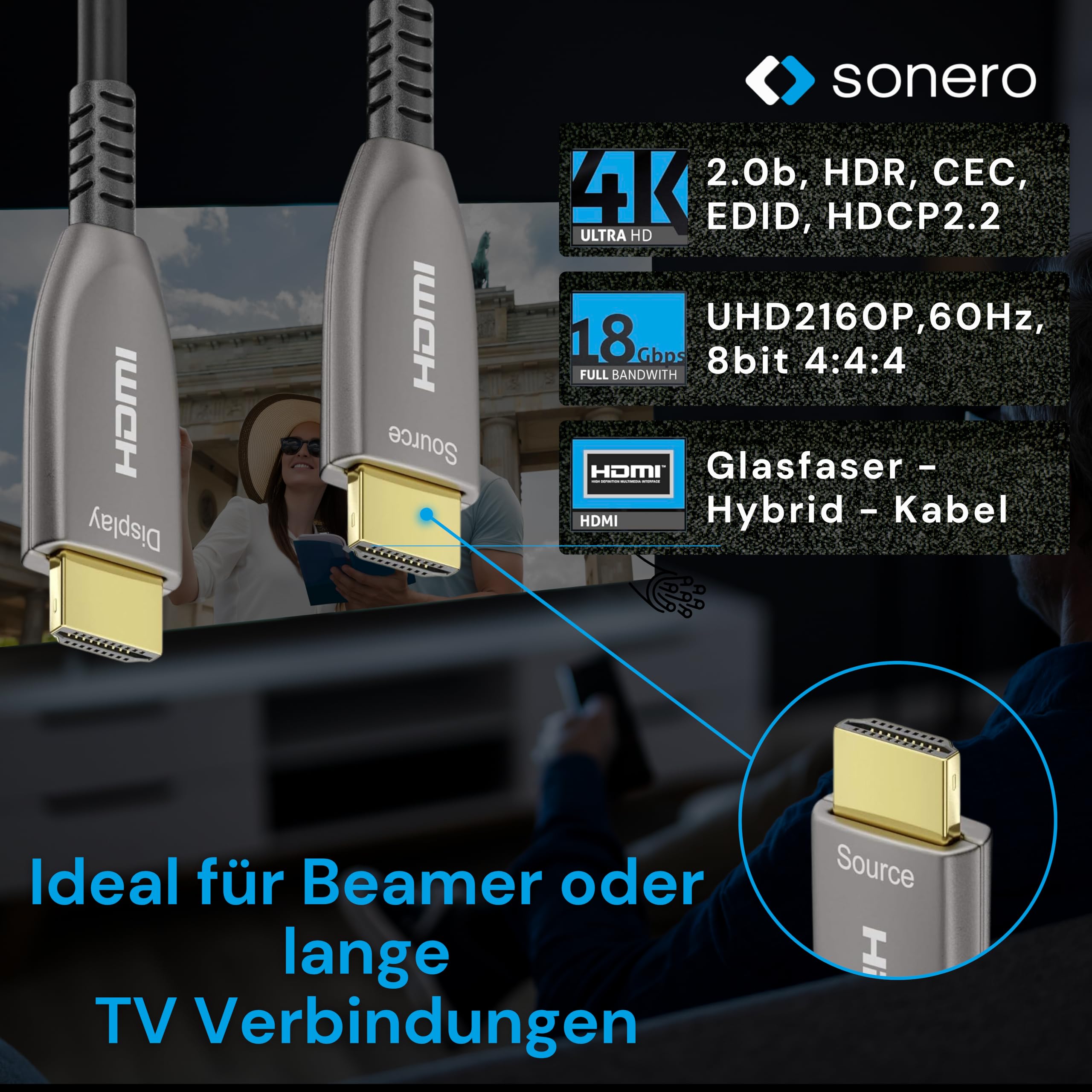 Sonero 25m HDMI Kabel 2.0b, Glasfaser Hybrid, UHD 2160P, 4K60Hz, 4:4:4, HDR, 18Gbps, schwarz