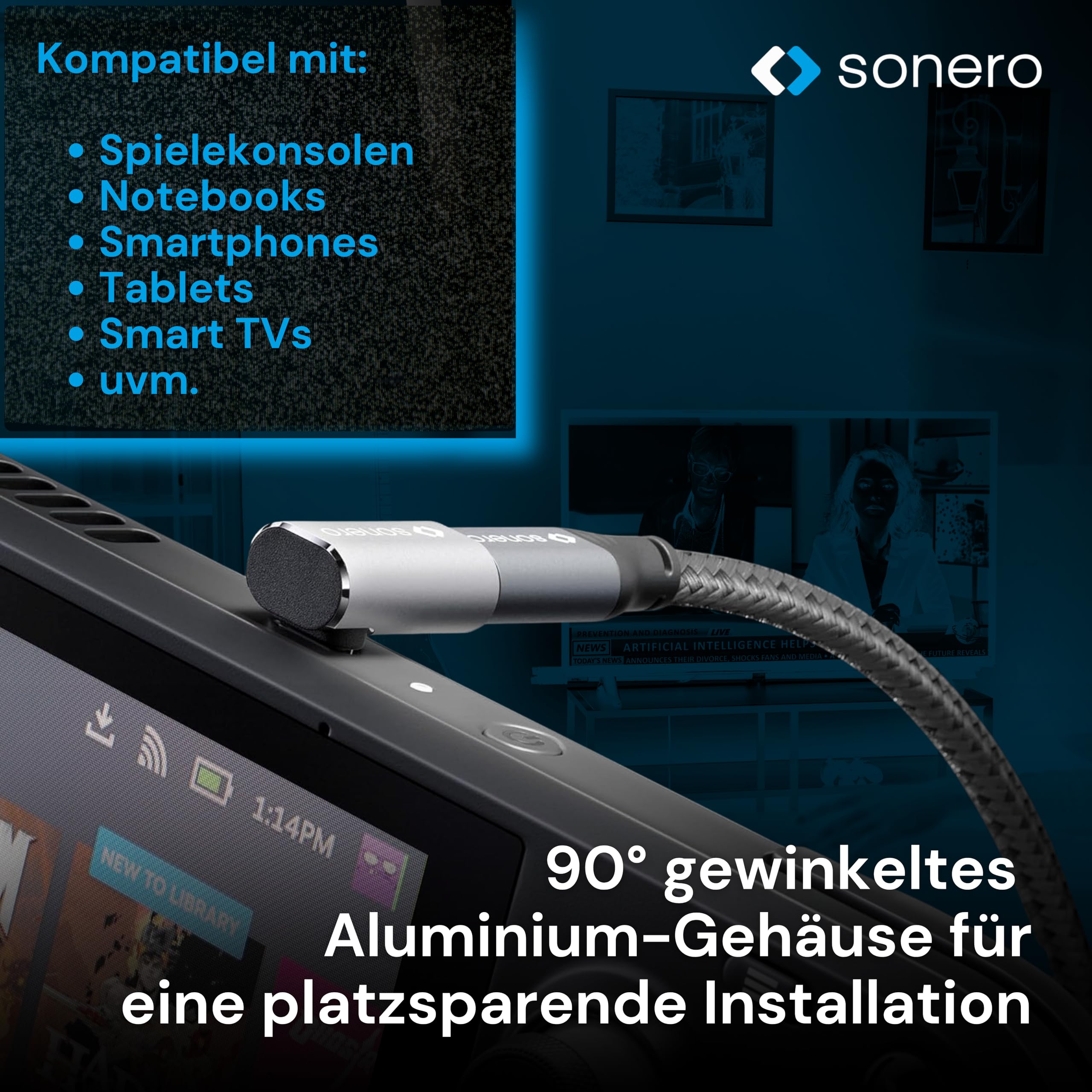Sonero USB-C Stecker auf 90° Winkel USB-C Buchse (1er), Adapter, USB-C Adapter, 40Gbps, 240W, 8K60Hz, Aluminium Gehäuse, Silber