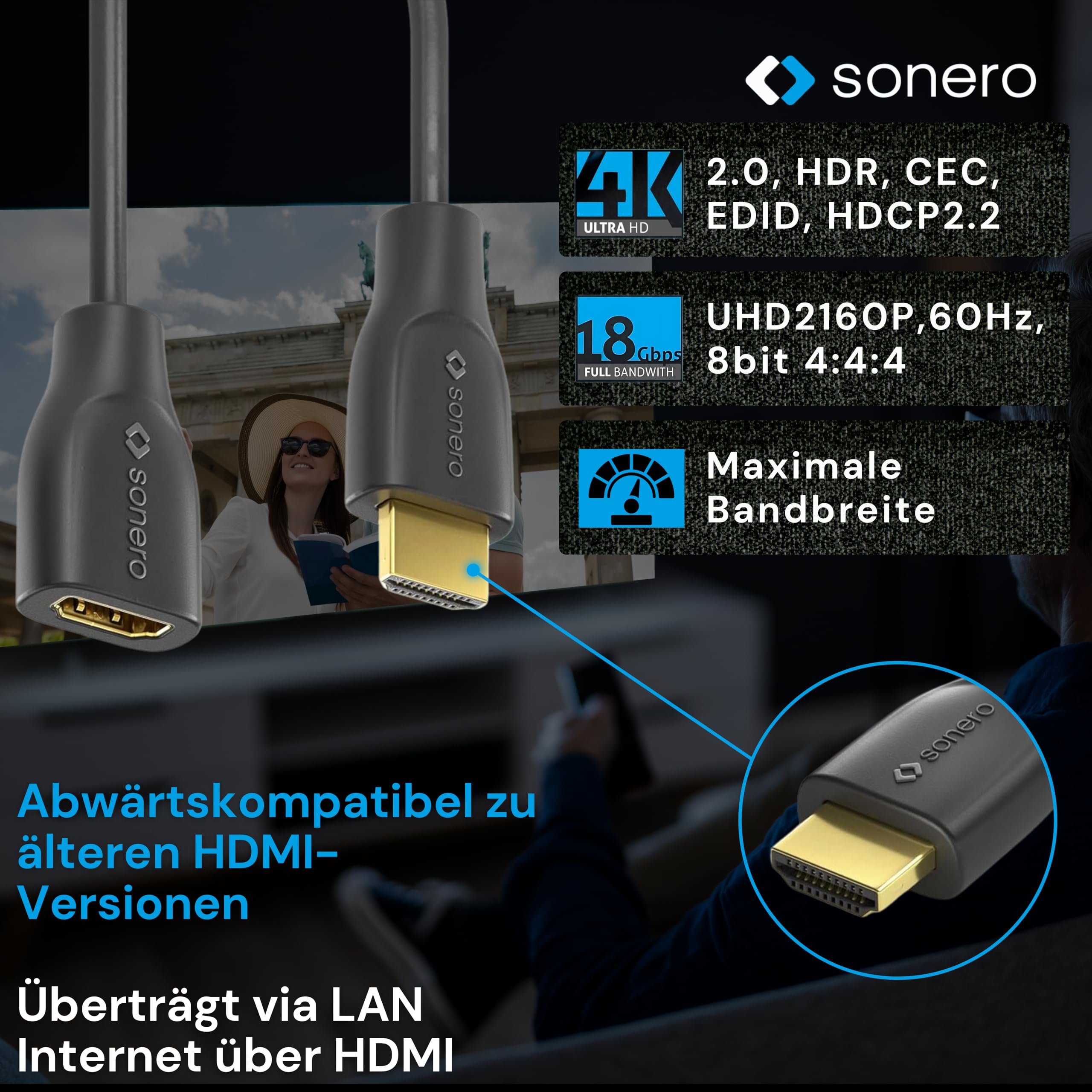 Sonero® 4K HDMI Portsaver Adapter, Premium High Speed, A Stecker auf A Buchse, Vergoldete Kontakte, Zweifache Abschirmung, PVC-Mantel, 0,15m