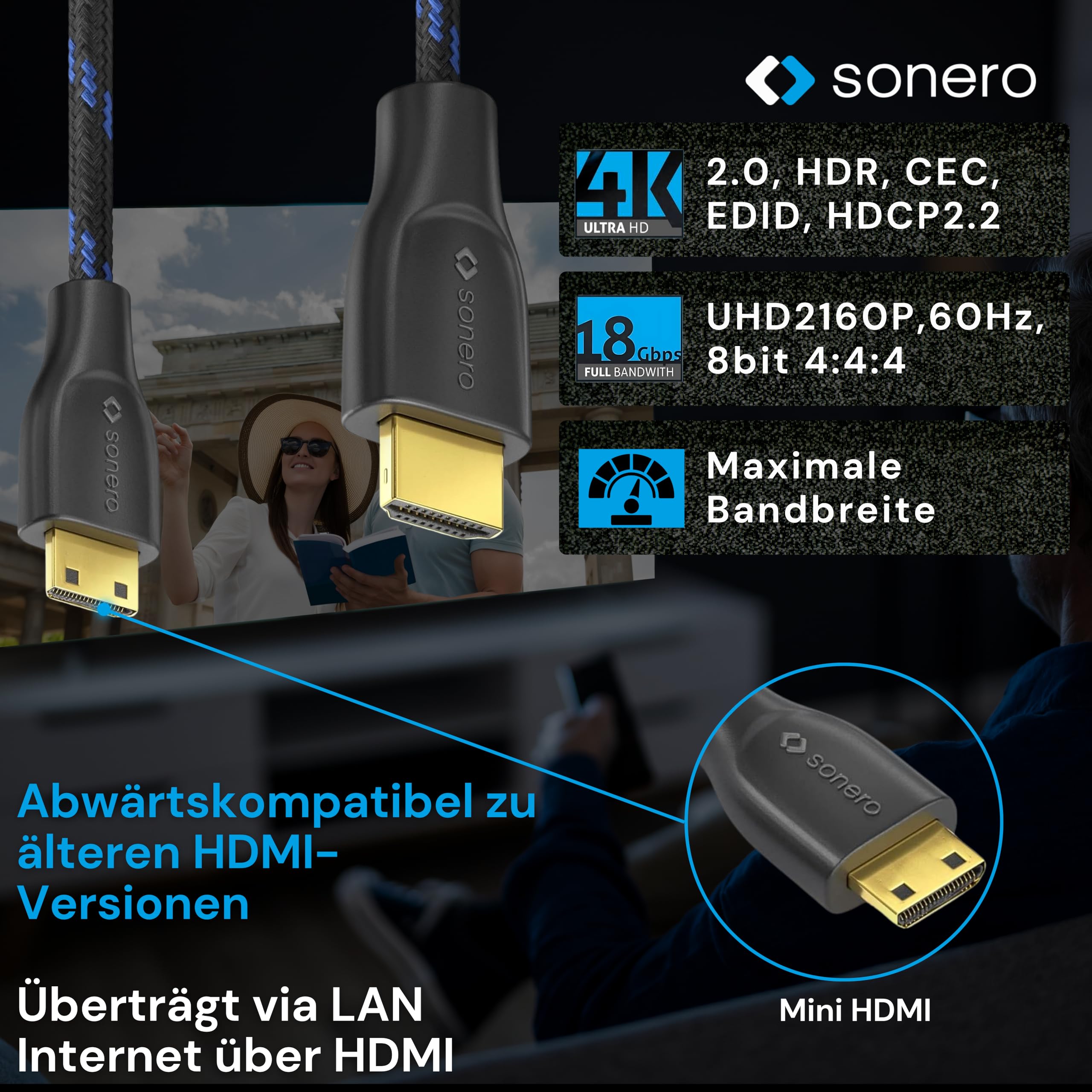 Sonero® 4K Mini HDMI auf HDMI-Kabel, Premium High Speed, 4K 60Hz, Mini HDMI Stecker auf HDMI Stecker, vergoldete Kontakte, zweifache Abschirmung, Baumwollmantel, 2,00m