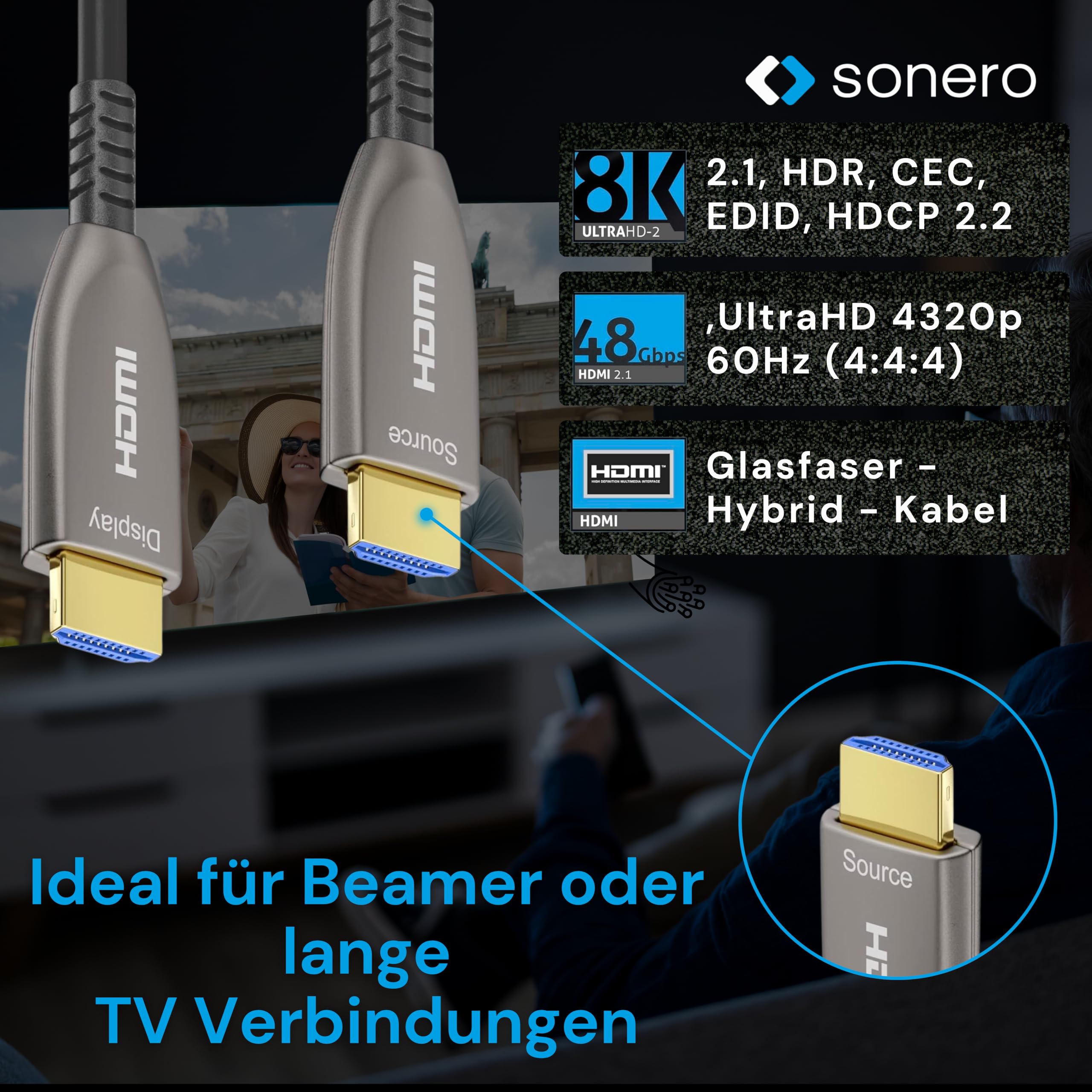 Sonero® 8K-HDMI 2.1 Kabel, Glasfaser-Hybrid-Kabel, Auflösung bis 8K 60 Hz (7680 x 4320) / 4K 120Hz (3840 × 2160), HDCP 2.2 Unterstützug, anthrazit, 50 Meter