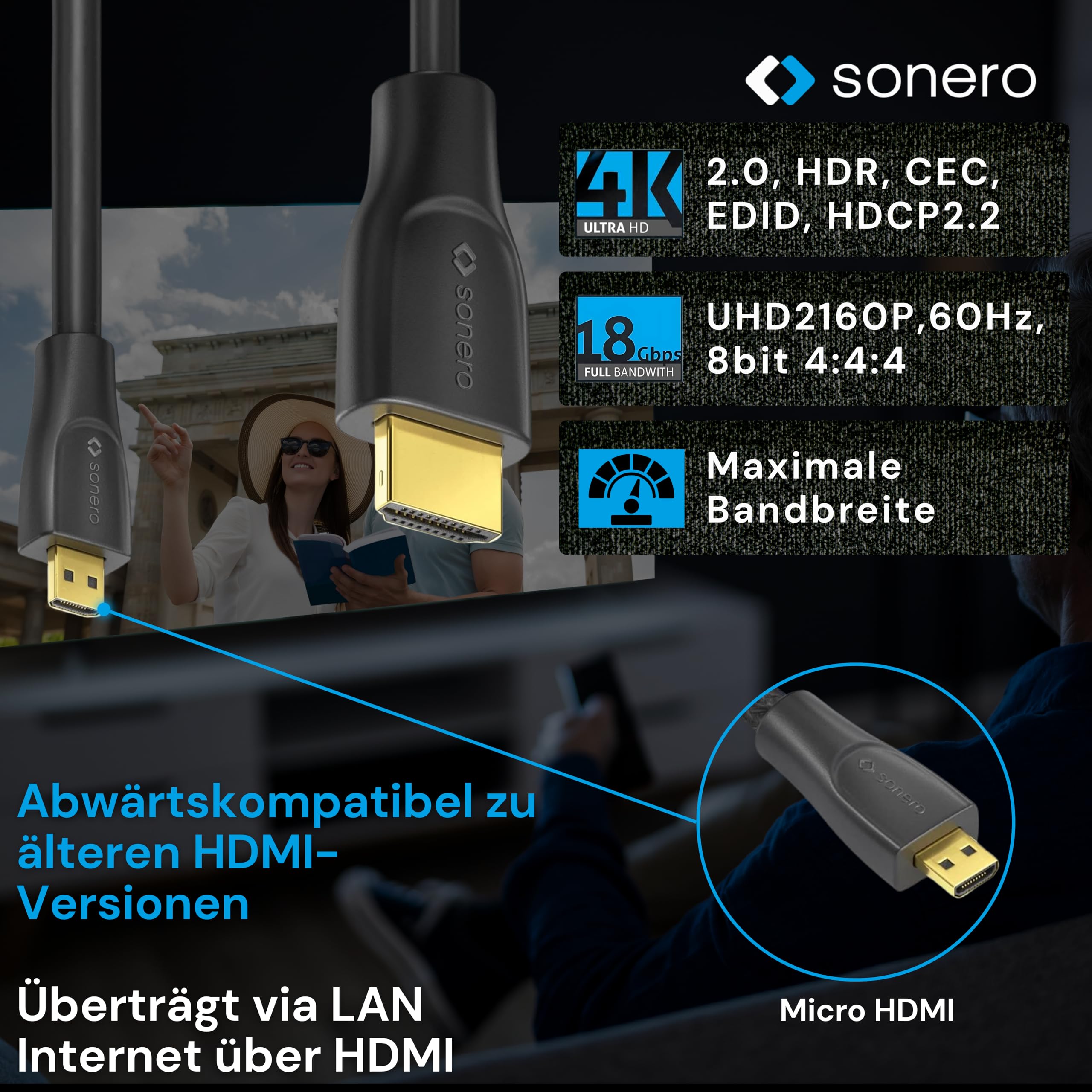 Sonero® 4K Micro HDMI auf HDMI-Kabel, Premium High Speed, 4K 60Hz, Micro HDMI Stecker auf HDMI Stecker, vergoldete Kontakte, zweifache Abschirmung, PVC-Mantel, 1,00m