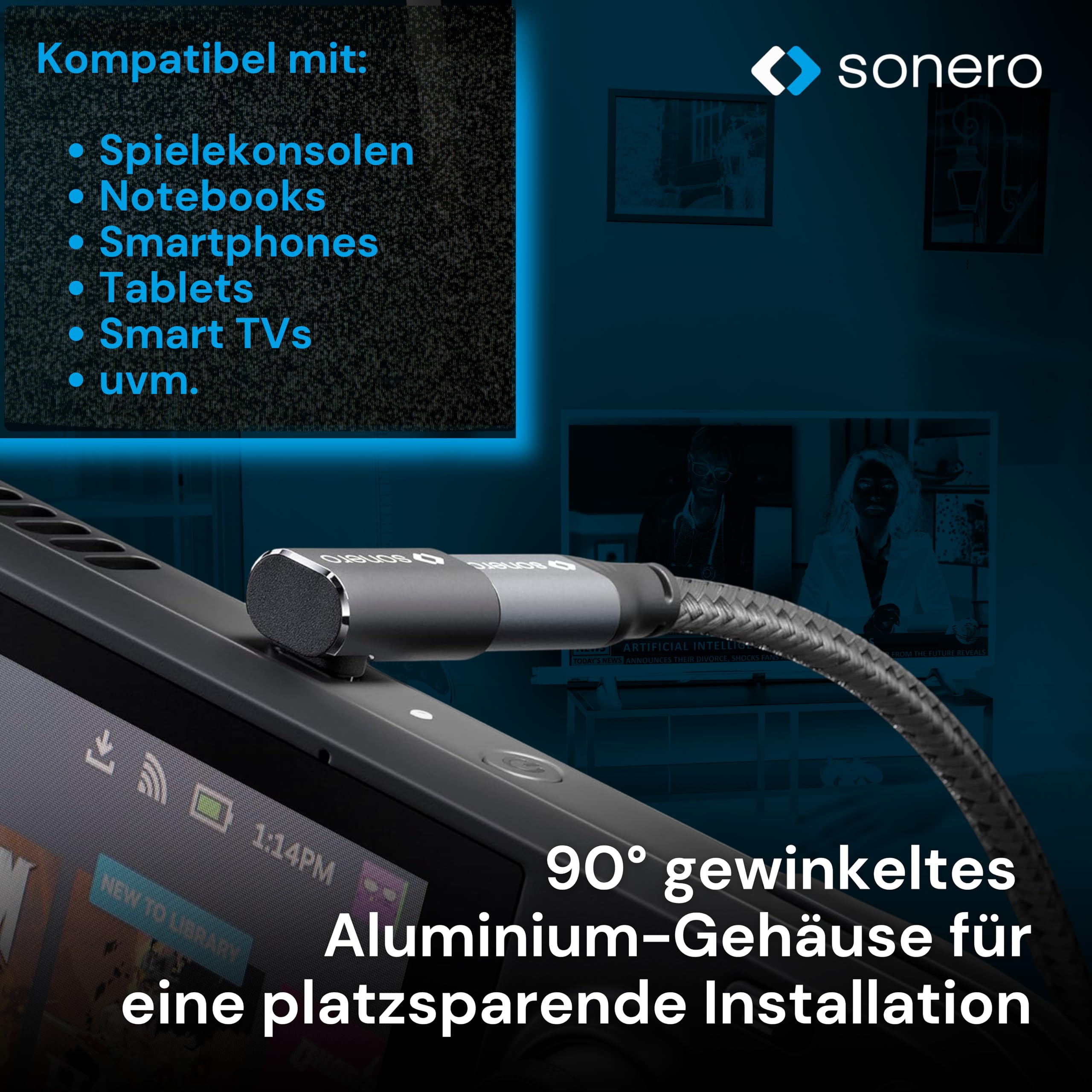 Sonero USB-C Stecker auf 90° Winkel USB-C Buchse (1er), Adapter, 40Gbps, 240W, 8K60Hz, Aluminium Gehäuse, schwarz