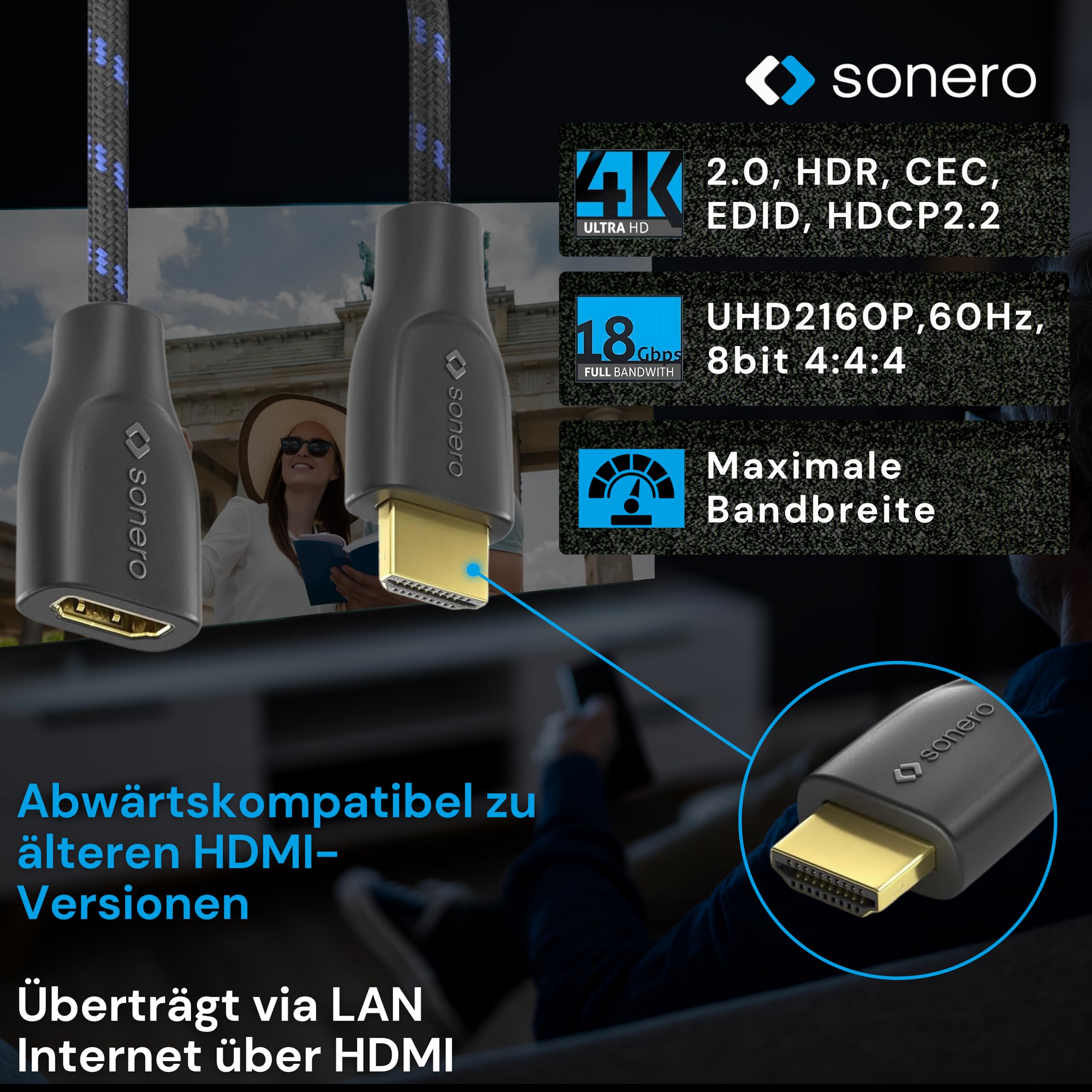 Sonero® 4K HDMI Portsaver Adapter, Premium High Speed, HDMI A Stecker auf HDMI A Buchse, vergoldete Kontakte, zweifache Abschirmung, Baumwollmantel, 0,15m