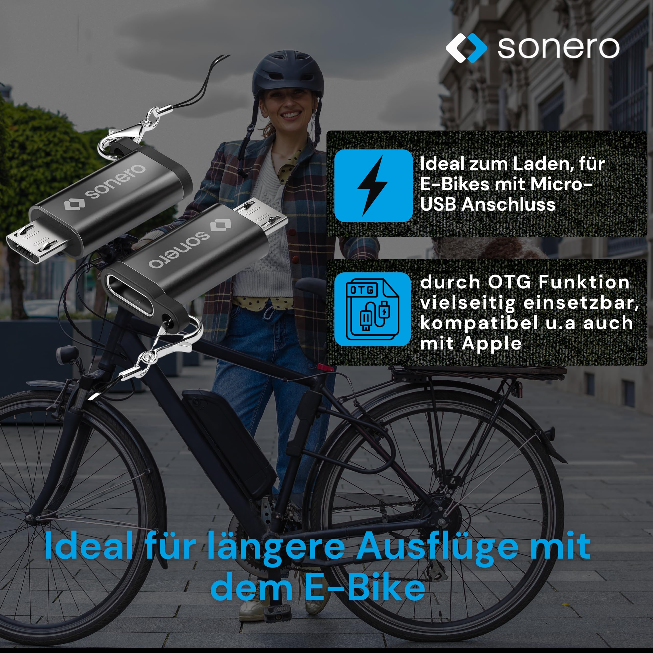 Sonero Micro USB auf USB-C Adapter, kompatibel mit Apple Geräten, OTG Unterstützung, Perfekt für e-Bikes geeignet, inkl. Schlaufe/Karabiner, Aluminium Gehäuse, schwarz