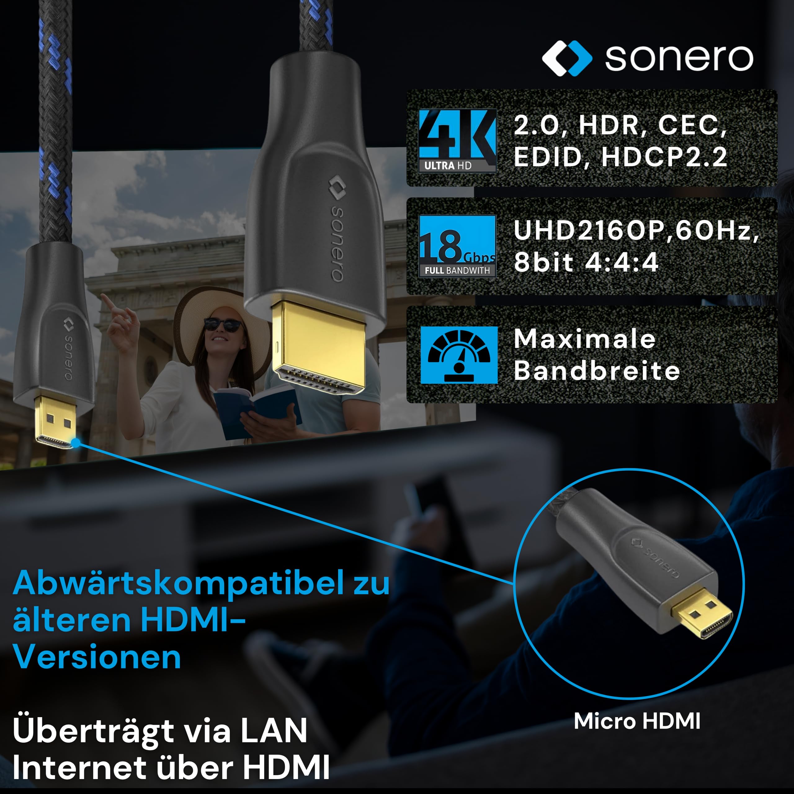 Sonero® 4K Micro HDMI auf HDMI-Kabel, Premium High Speed, 4K 60Hz, Micro HDMI Stecker auf HDMI Stecker, vergoldete Kontakte, zweifache Abschirmung, Baumwollmantel, 1,50m