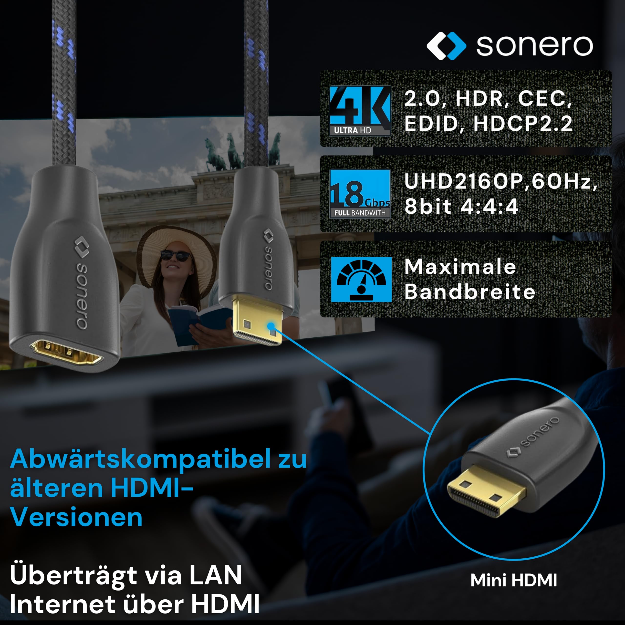 Sonero® Mini HDMI auf 4K HDMI Portsaver Adapter, Premium High Speed, Mini HDMI C Stecker auf HDMI A Buchse, vergoldete Kontakte, zweifache Abschirmung, Baumwollmantel, 0,15m